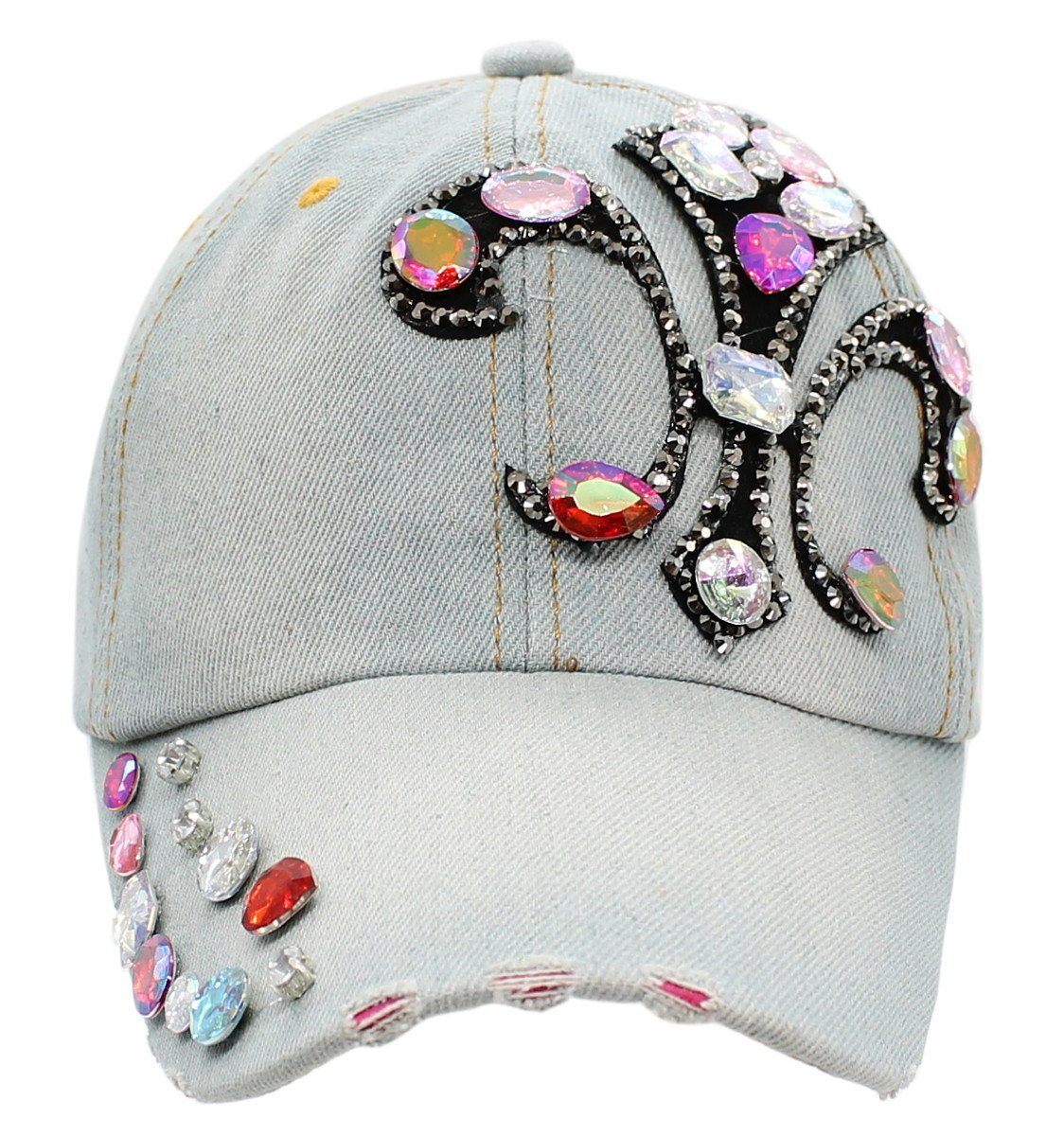 mit Cap dy_mode mit K025-Vintage Jeans Glitzer Size Mütze Baseball Strass Basecap One Cap Damen Kappe Baseball