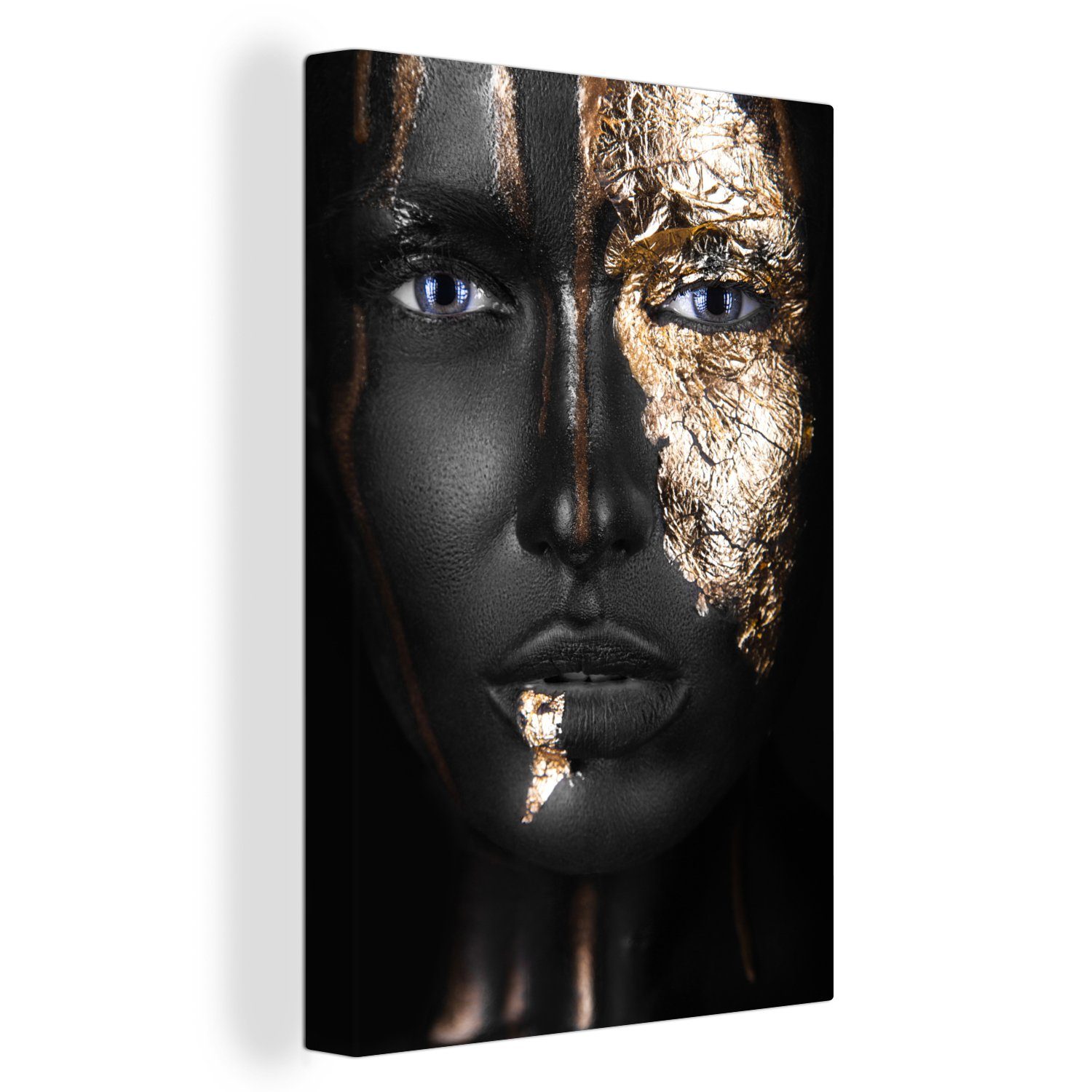 OneMillionCanvasses® Leinwandbild Frau inkl. Gemälde, cm fertig St), und Zackenaufhänger, - Gold, (1 Schwarz 20x30 bespannt Leinwandbild