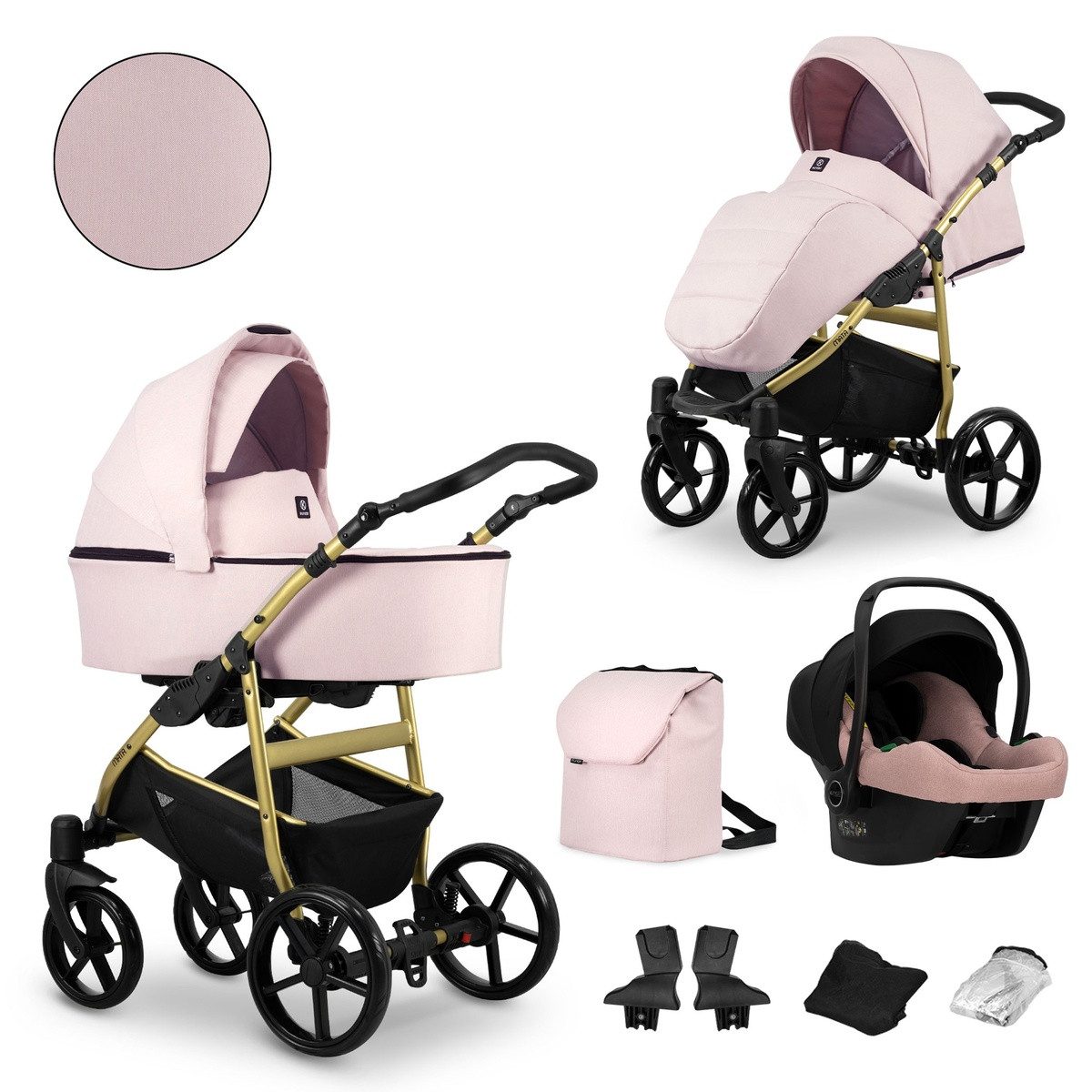 KUNERT Kombi-Kinderwagen MATA 3 in1 Kinderwagen mit Goldrahmen – Sicherheit, Aluminiumrahmen, verstellbarer Griff aus ökologischem Leder