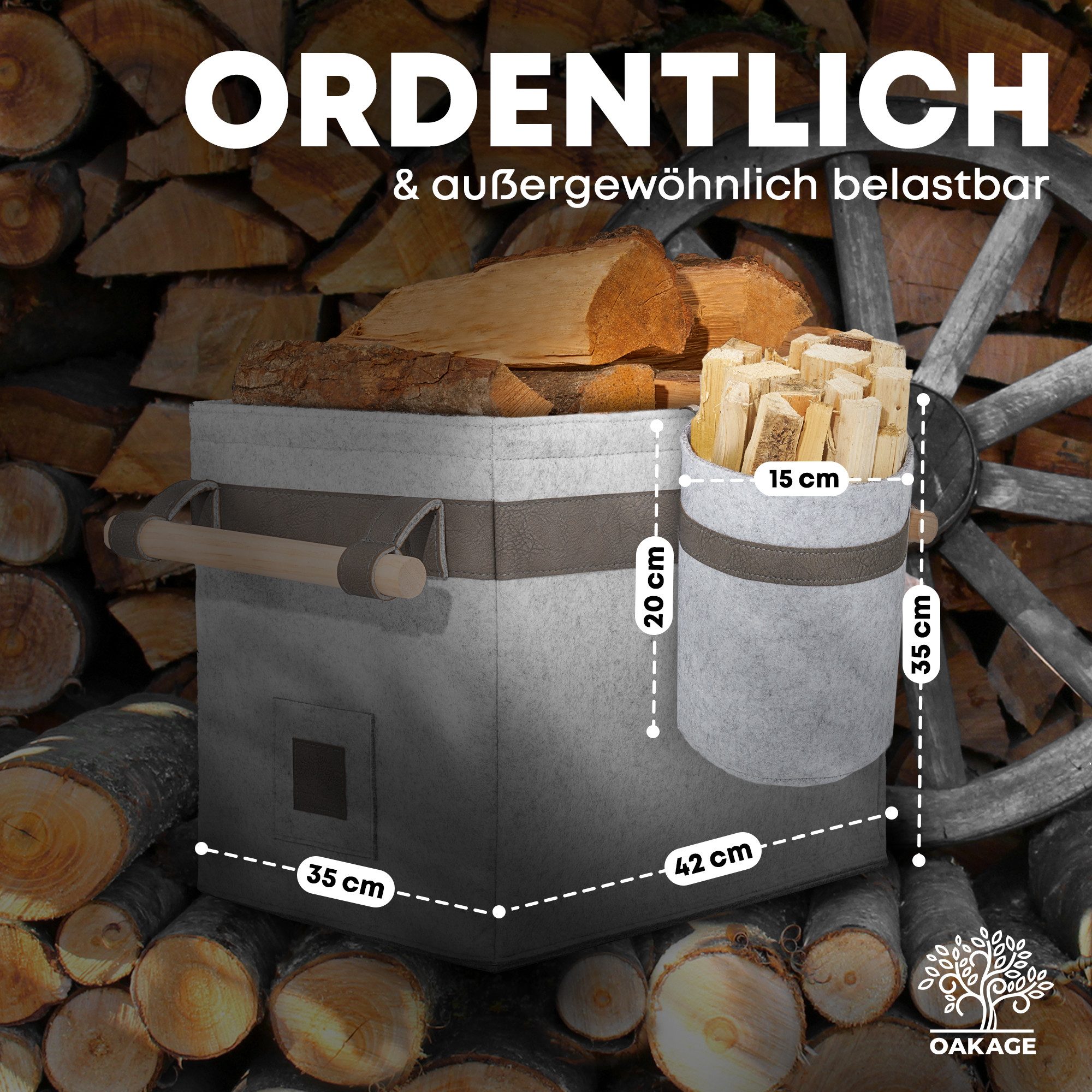 OAKAGE Kaminholzkorb Holzkorb für Kaminholz Feuerholzkorb Brennholzkorb Kaminkorb Filzkorb (Set, 1 x Holzkorb + 1 x Zündholzkorb)