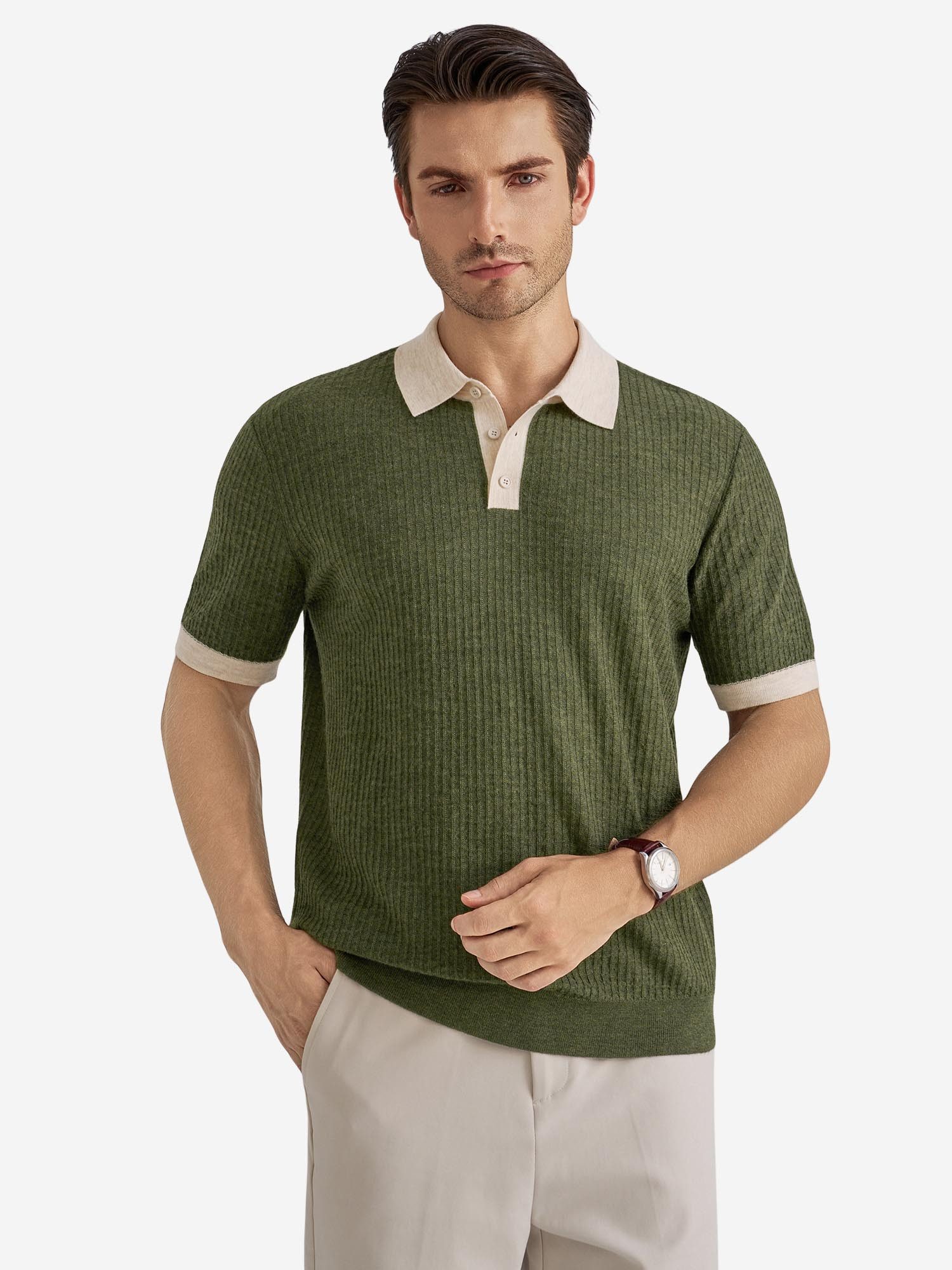 VANTORY Poloshirt Herren Strickpolo aus Wolle mit Kontrast‑Kragen und Ärmelbündchen (Packung, 1-tlg., 1per-Pack) mit Knopfleiste