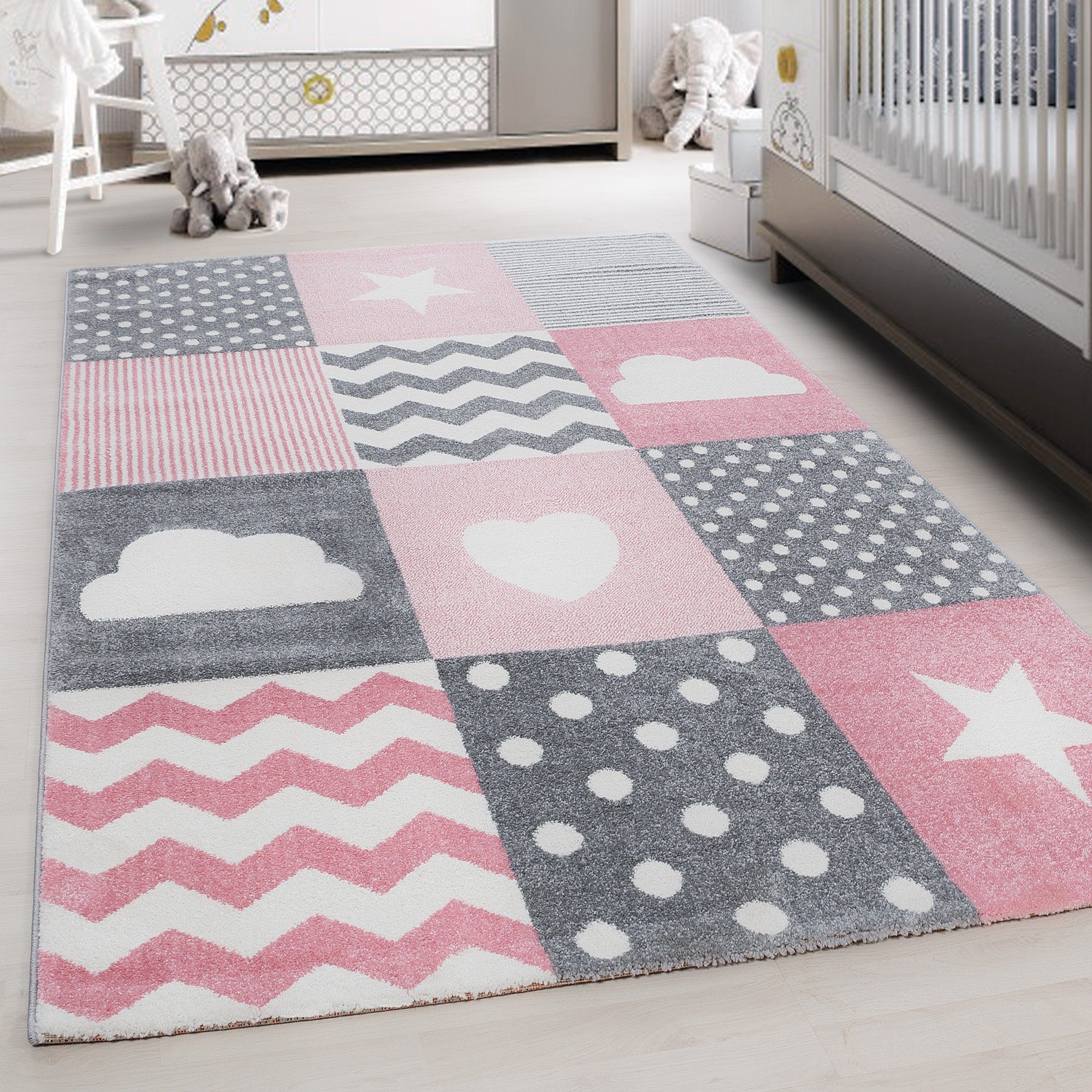 Teppium Teppich Herz- und Stern Design, Rund, Höhe: 11 mm, Kinderteppich Karo Design Rosa Baby Teppich Kinderzimmer Pflegeleicht