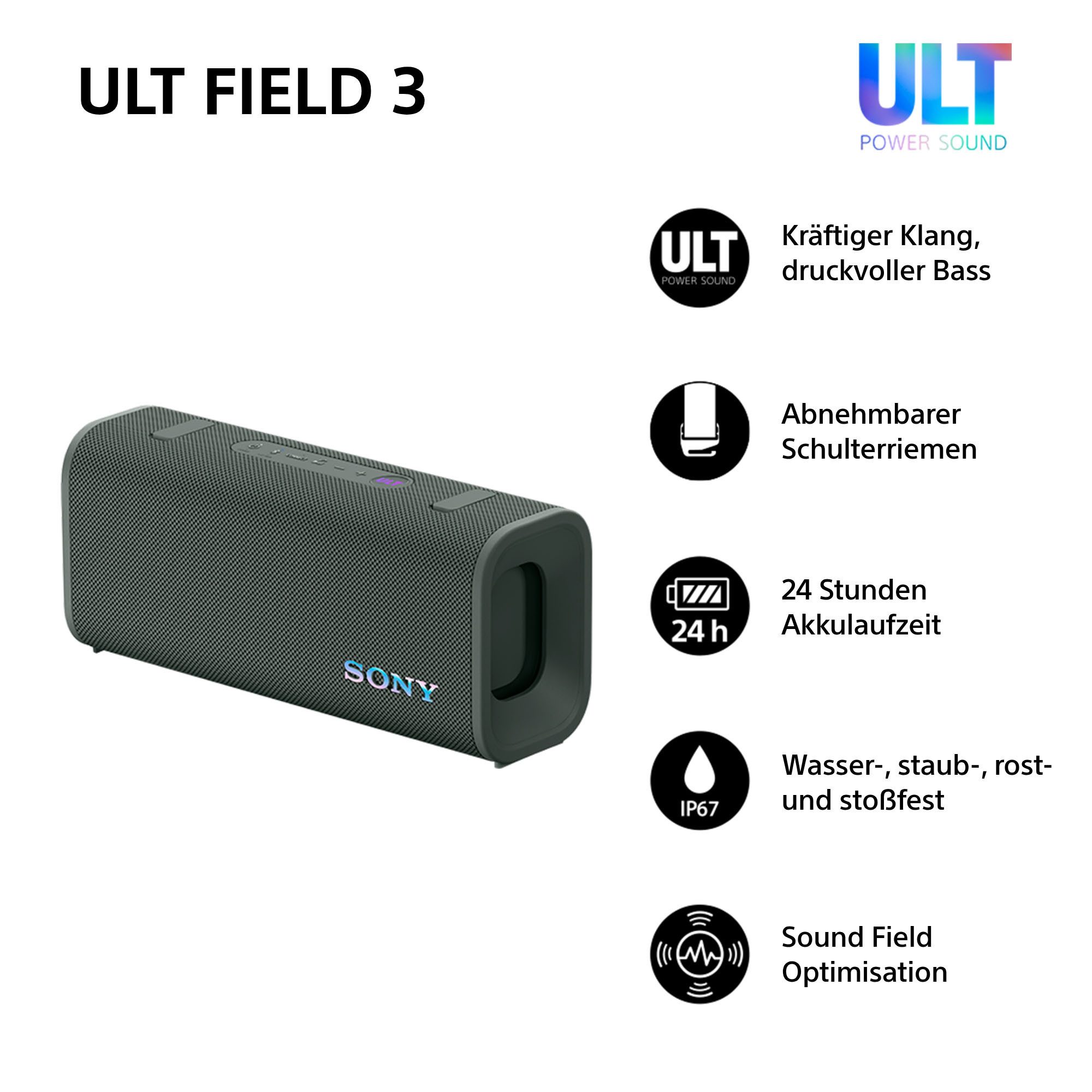 Sony ULT FIELD 3 + SRS-XB100 Bluetooth-Lautsprecher Stereo (A2DP Bluetooth, Bluetooth, HFP, AVRCP Bluetooth, 30 W, 2er Set - ULT POWER SOUND, 24h-Akku, IP67, wa – Bild 5 von 5
