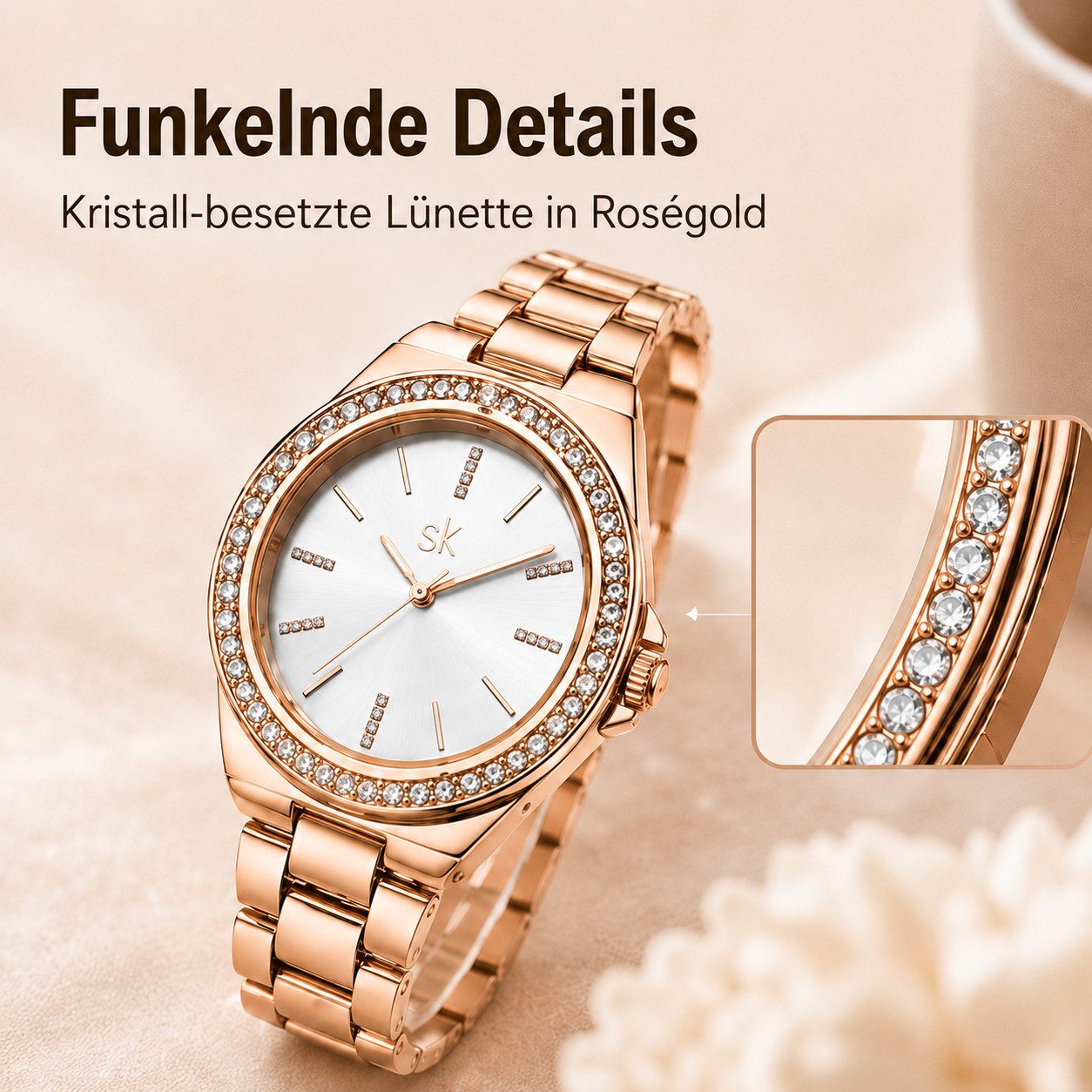 Toomoke Quarzuhr Damenuhr Roségold, Schmuckuhr mit Kristallen, Damen Accessoire, (Edelstahlmodell mit Schmucklünette, klassisches Design für Damen), 34 mm Gehäu – Bild 3 von 5
