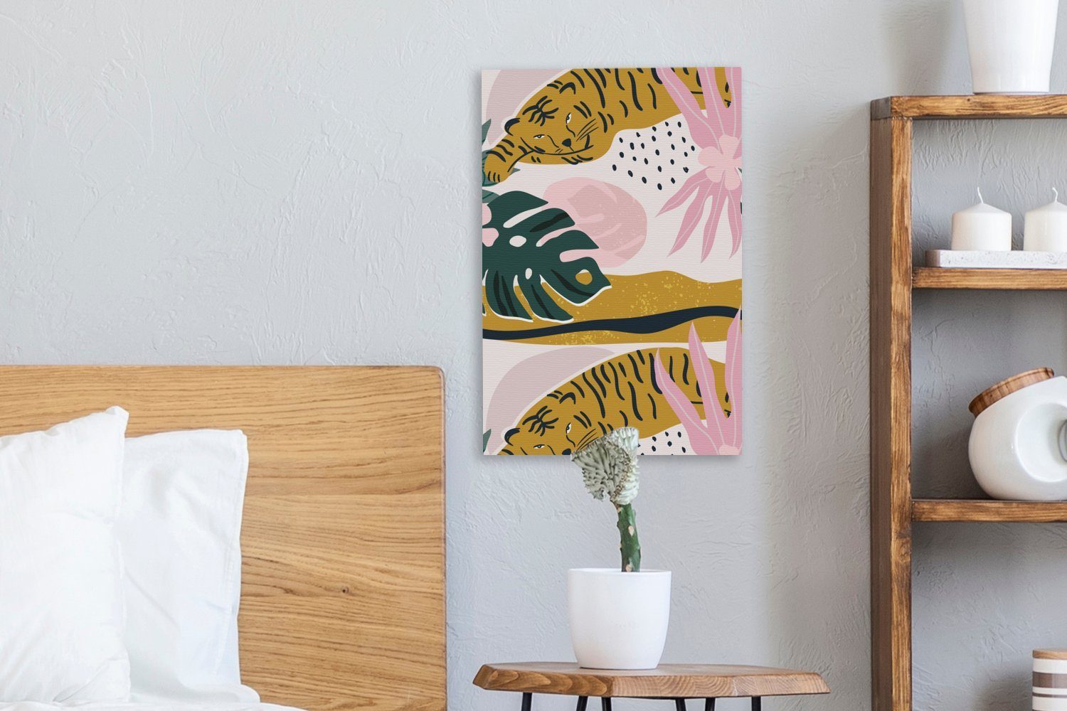 Blätter Leinwandbild Zackenaufhänger, St), Gemälde, inkl. cm OneMillionCanvasses® Leinwandbild - Dschungel Tiger (1 - - fertig bespannt 20x30 Muster,
