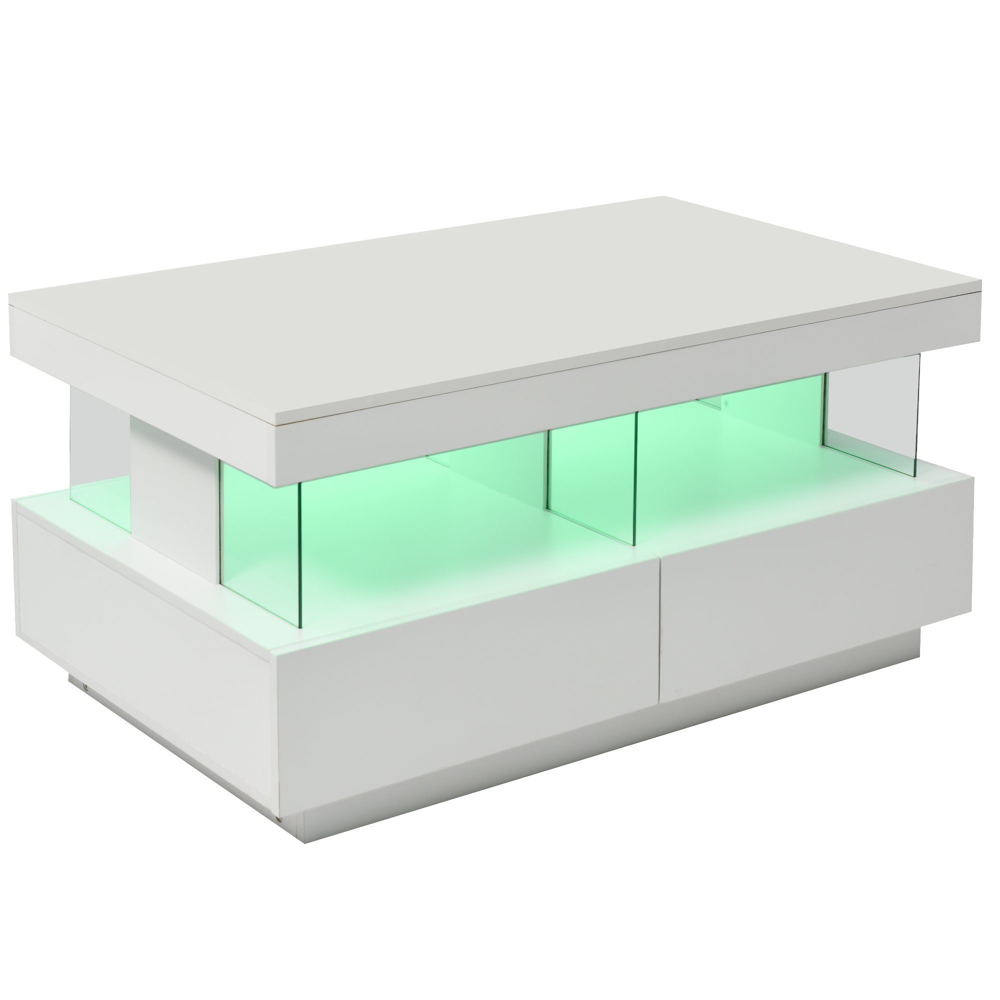 2 (Beistelltisch mit Beistelltisch Schubladen, Couchtisch WISHDOR Wohnzimmertisch Teetisch 1-St., mit Tischplatte), hochglänzender Sofatisch mit und Glastrennwände Weiß LED-Beleuchtung Kaffeetisch