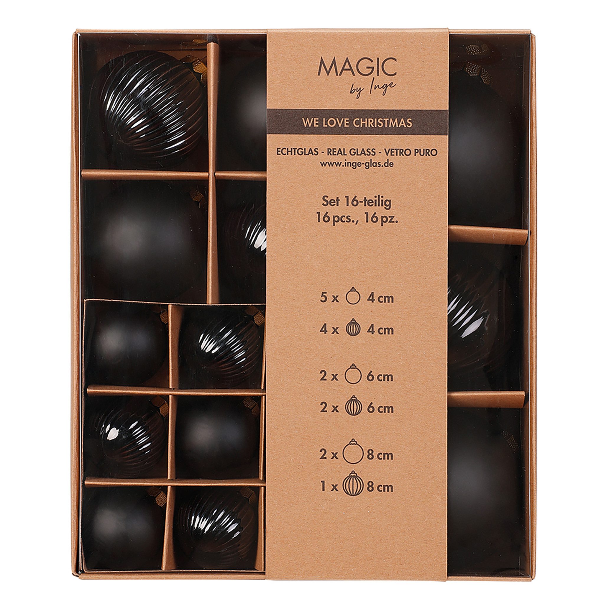 Holly & Jolly Weihnachtsbaumkugel, Weihnachtskugeln Glas 4-8cm Mix gerillt 16er Set - Ebony Black