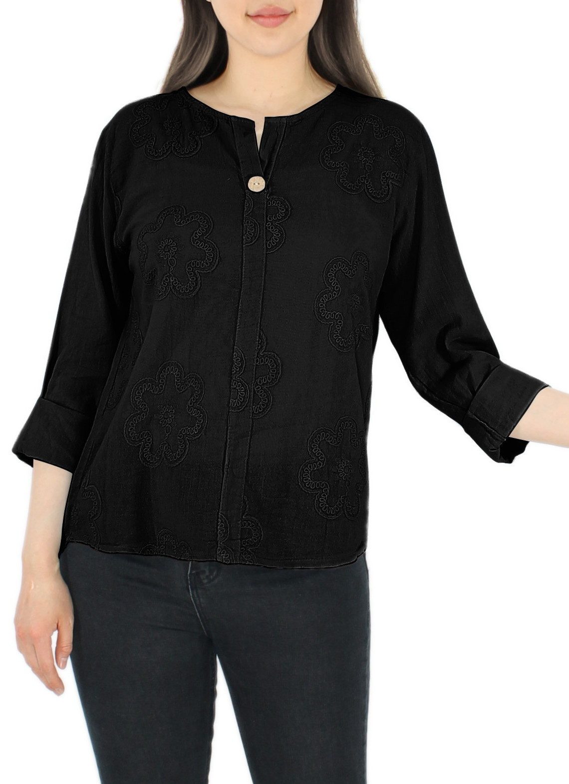 Langarmbluse Damen Langarmshirt – Leichte Bluse im Vintage-Look mit V-Ausschnitt