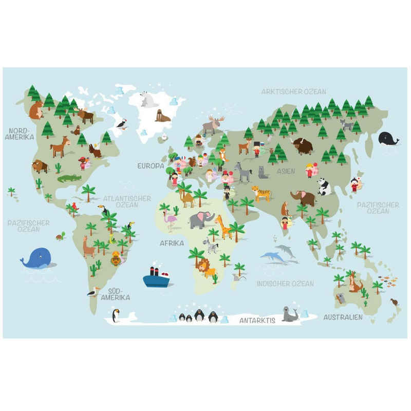 LANA KK Wandbild Weltkarte für Kinder, Tiere, fröhliche Farben mit liebevollen Details