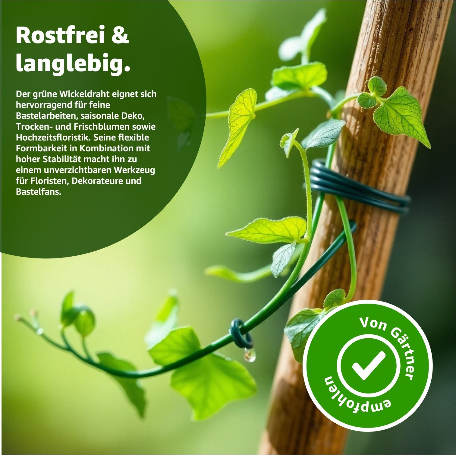 Gartiva® Bindedraht 6er Set - Wickeldraht grün - Blumendraht - Garten Blumen Blumenständer, (6er Set, 6St), reißfest / wiederverwendbar / auf einem Holzwickel