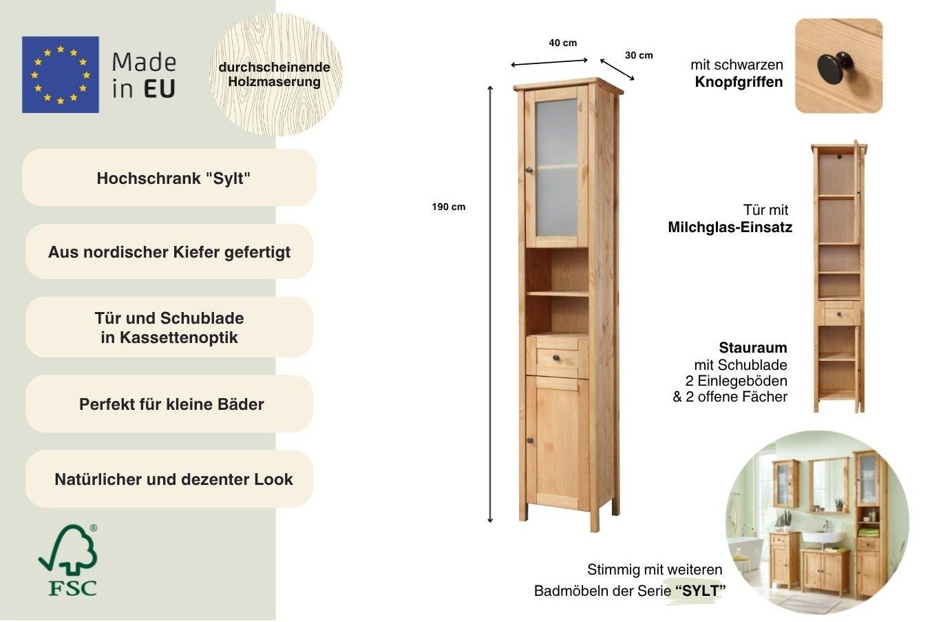 welltime Hochschrank Sylt Badmöbel im Landhaus-Stil, Breite 40 cm, aus Massivholz