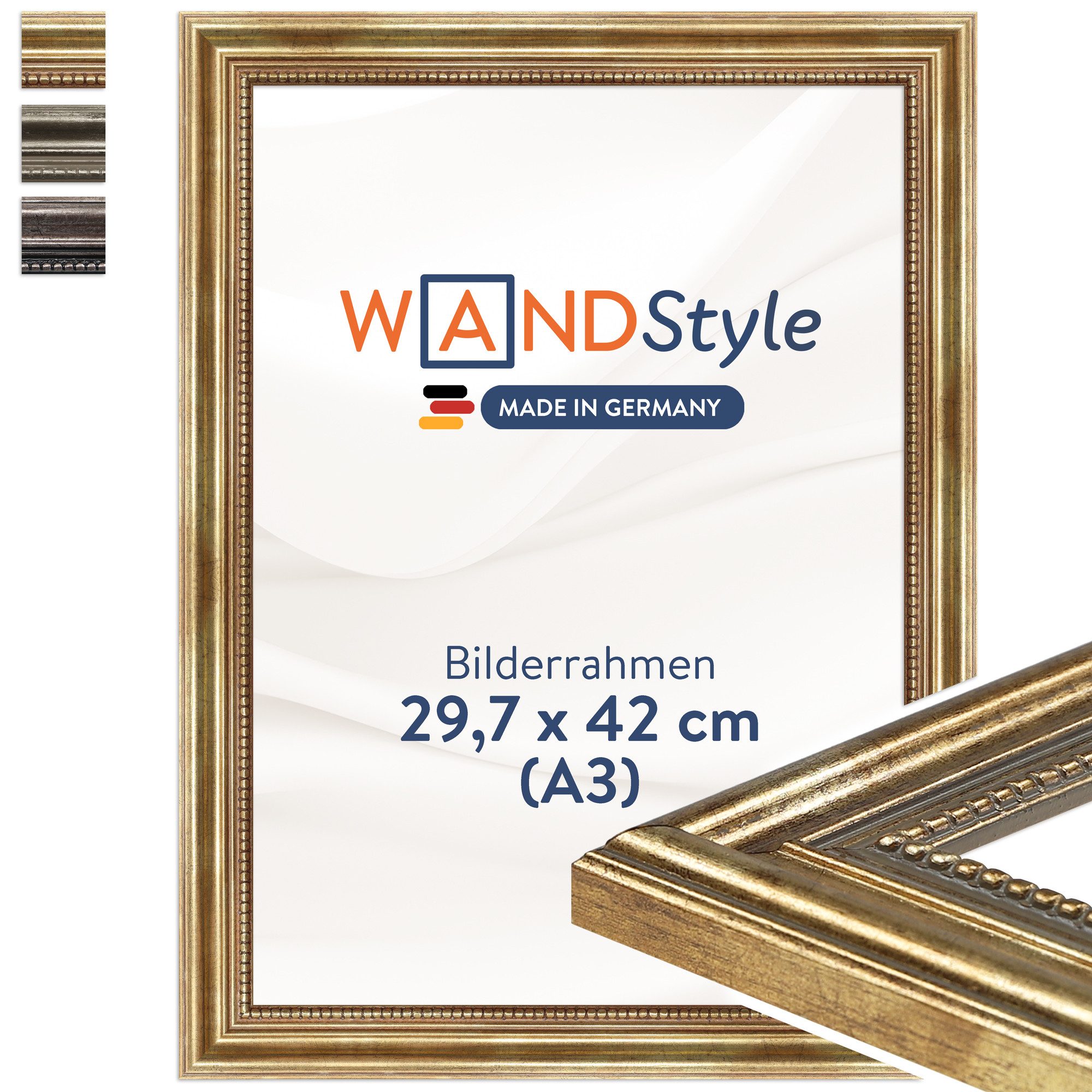 WANDStyle Einzelrahmen H450, DIN A3 Bilderrahmen 30x42 Holz, Vintage Bilderrahmen A3 Gold 29,7x42
