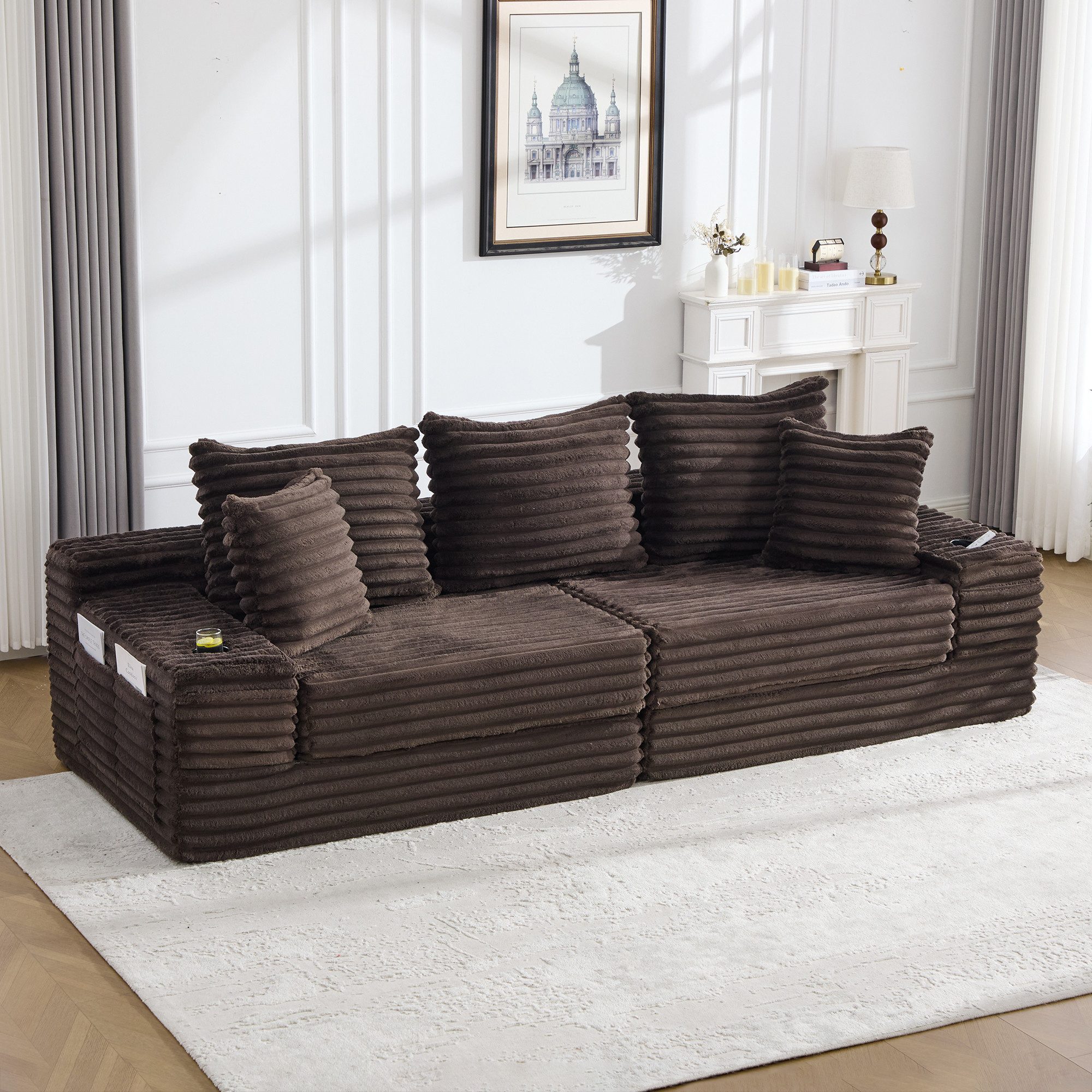 OKWISH Sofa Loungesofa, mit Sitzkompressions-Funktion, hoher Rückenlehne, Zusatzkissen, beidseitigen Taschen und Getränkehaltern – Frei als Schlafsofa kombinierbar
