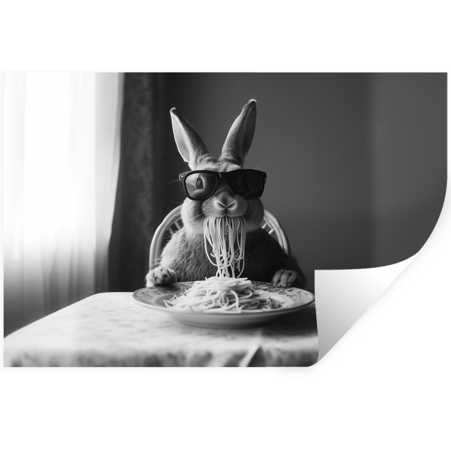 MuchoWow Wandsticker Kaninchen - Hase - Sonnenbrille - Tischtuch - Nudeln - Niedlich (1 St), Wanddeko, Aufkleber, Wandtattoo, 120x80 cm