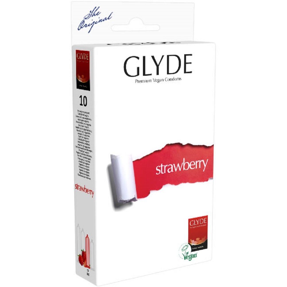 Glyde Kondome Glyde Ultra «Strawberry» rote Erdbeer-Kondome Packung mit, 10 St., Zertifiziert mit der Veganblume, Gefühlsecht & Reißfest