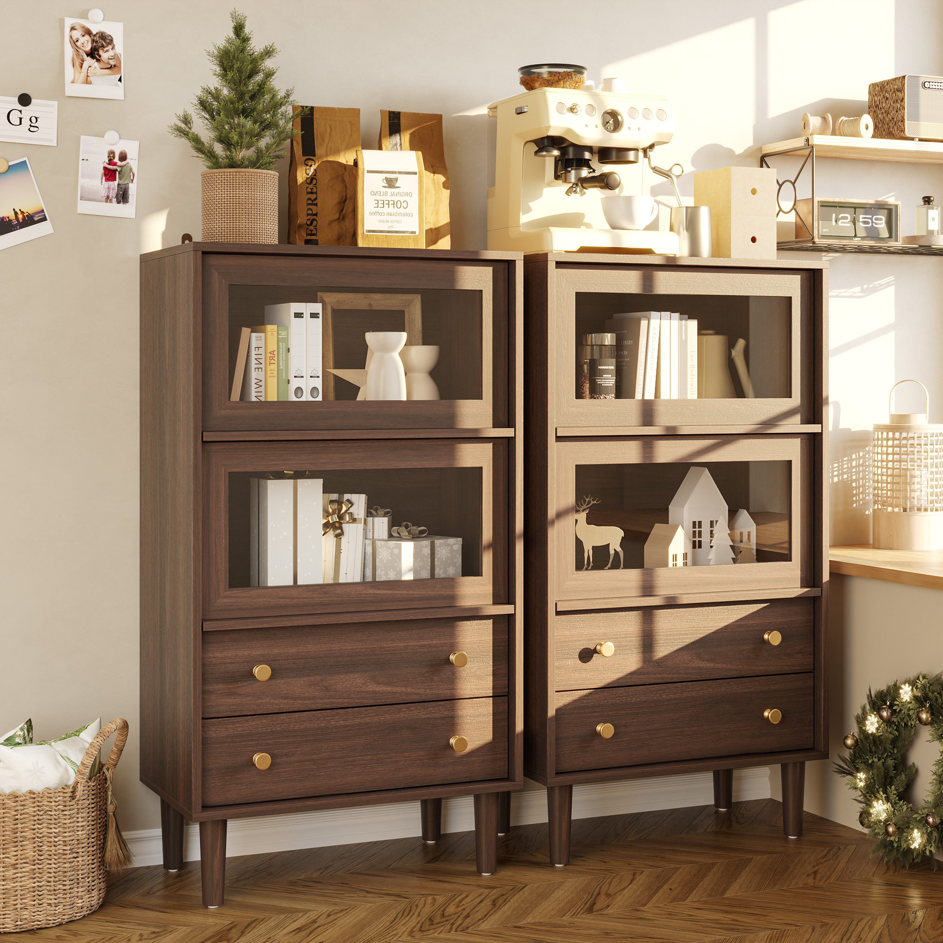 FUFU&GAGA Stauraumvitrine Vitrine mit Klapptüren, Walnussfarbe, MDF+Glas, 6 günstig online kaufen