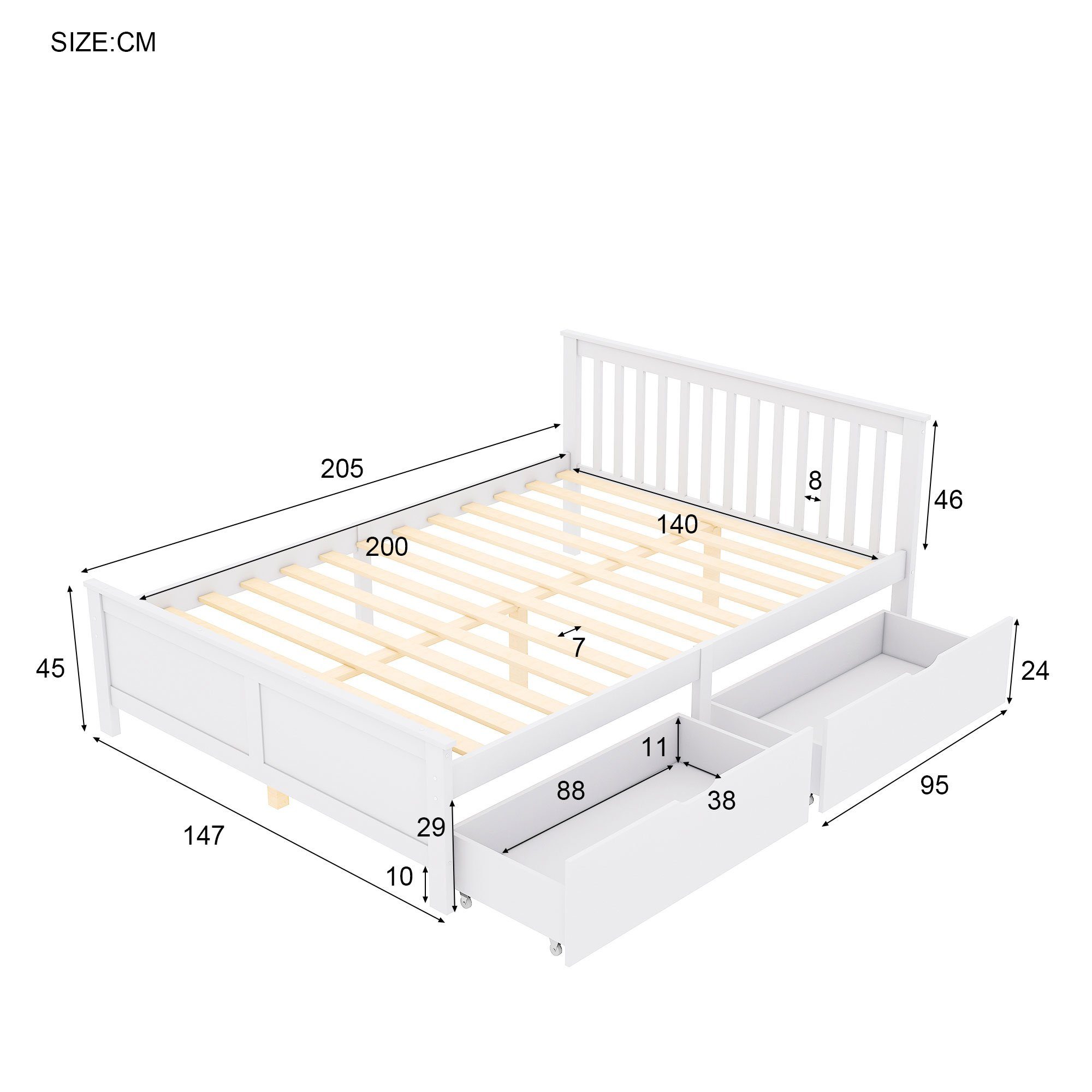Massivholzbett (Jugendbett), Doppelbett mit 2 Schubladen 140x200 massiver Kiefer