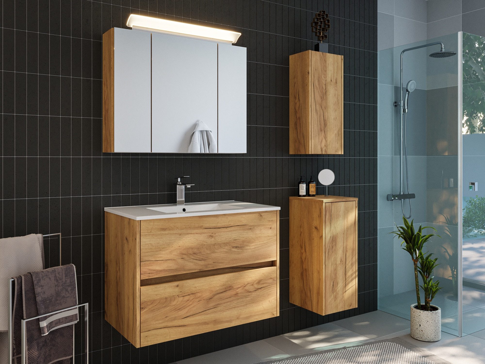 Magnolia Home Badmöbel-Set Badmöbelset Taifun 80cm 4tlg mit Spiegelschrank &2x Badschrank eiche g