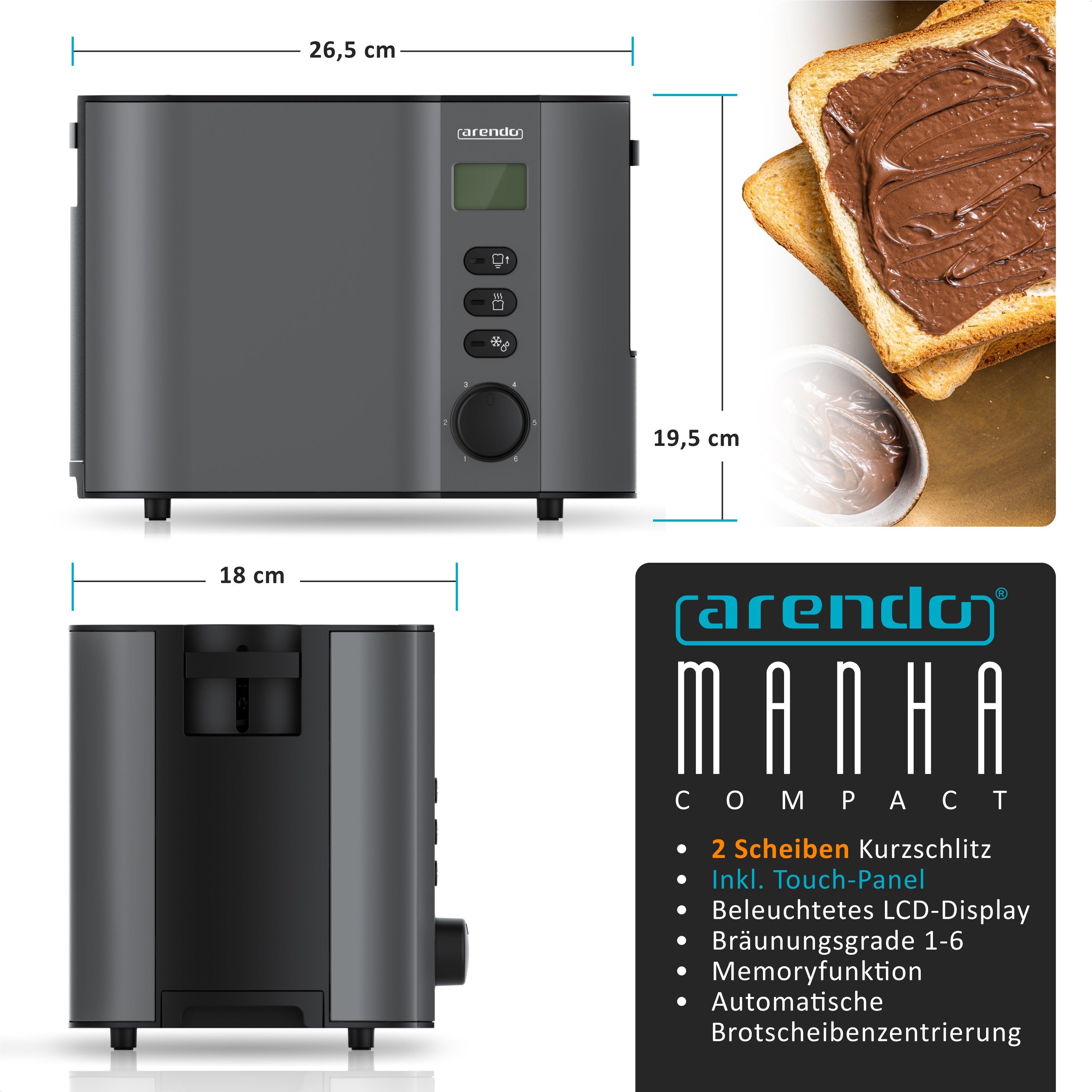 Arendo Toaster Edelstahl, 2 Scheiben Kurz, Kurzschlitz, Display, Restzeitanzeige, 2 kurze Schlitze, für 2 Scheiben, 800 W, Integrierter Brötchenaufsatz, Doppelwandgehäuse Wärmeisoliert