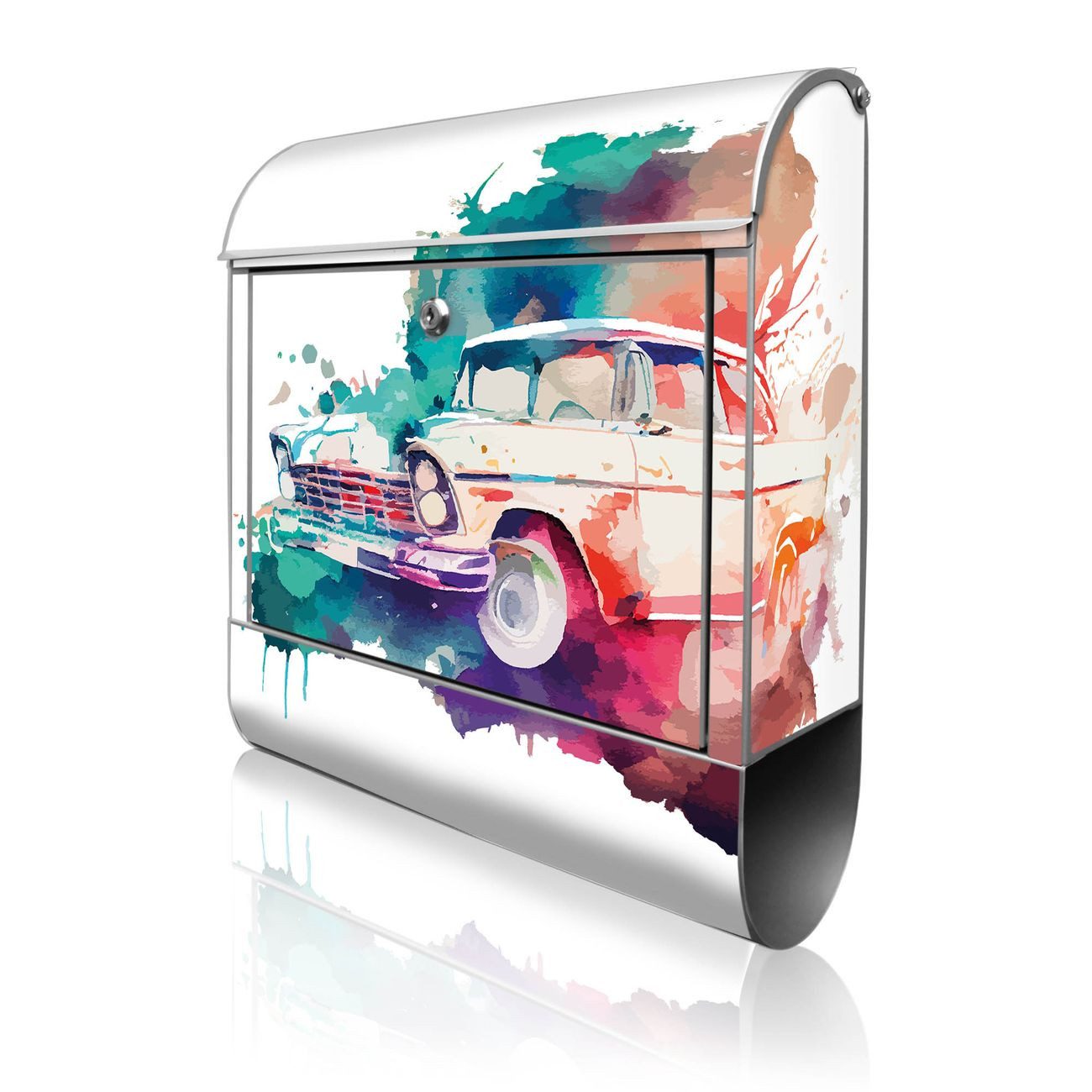 banjado Wandbriefkasten Silber Stahl mit Motiv Retro-Auto Aquarell (Wandbriefkasten witterungsbeständig, pulverbeschichtet, mit Zeitungsfach), 47 x 39 x 14 cm