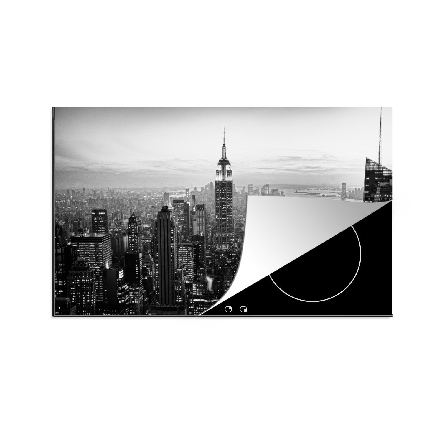MuchoWow Herdblende-/Abdeckplatte New York Ceranfeldabdeckung, für City cm, Arbeitsplatte küche Schwarz-Weiß-Fotodruck, tlg), (1 Vinyl, 83x51