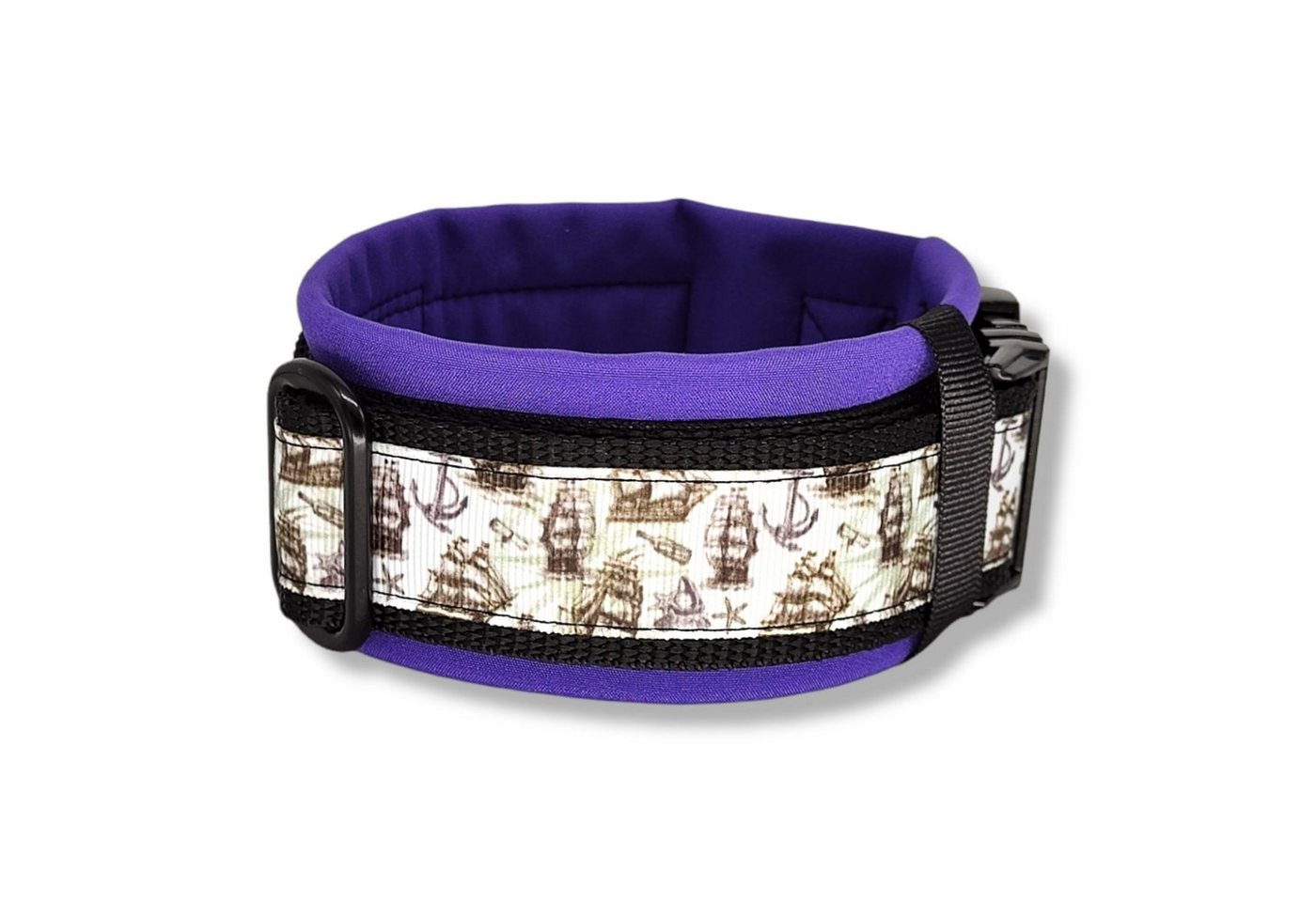Thumbnail - D by E Couture Hunde-Halsband "Black & White Ship II", gepolstert, verstellbar, 50mm breit, Handmade