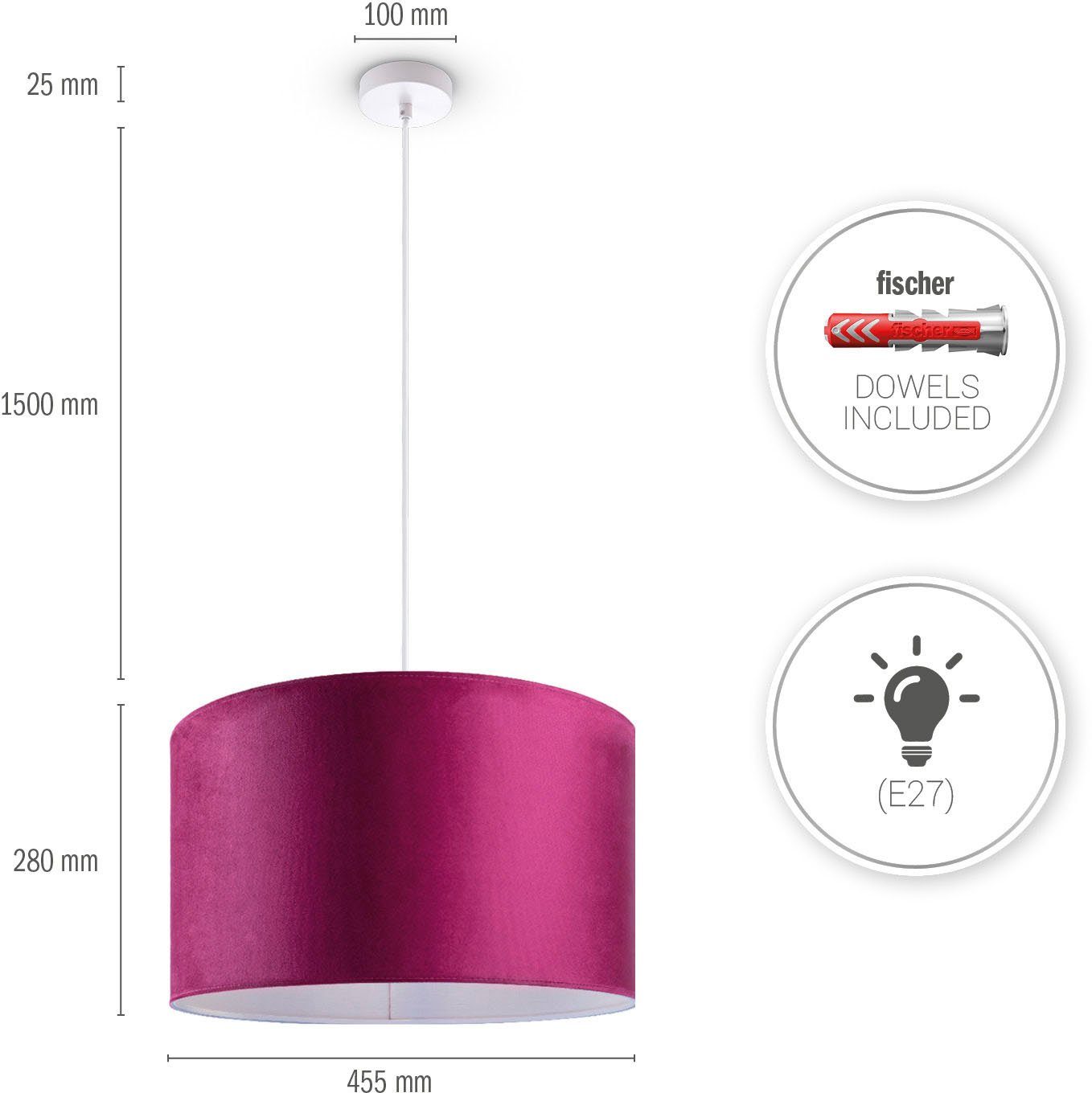 Leuchtmittel, Deko uni Color, Velour Pendelleuchte Home Unifarben ohne 1,5m Lampenschirm aus Wohnzimmer Kabel Hugo beere Paco E27