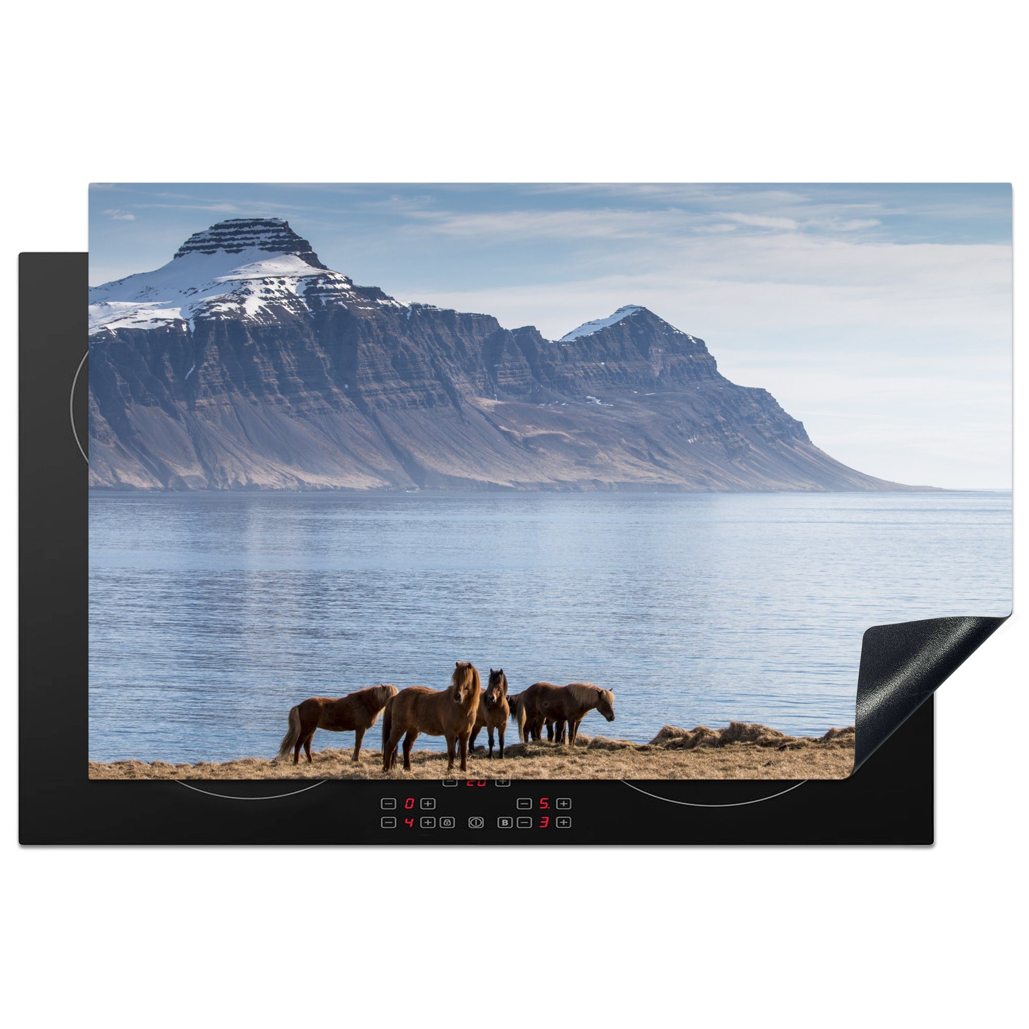 MuchoWow Herdblende-/Abdeckplatte Nahaufnahme von Isländerpferden an einem See, Vinyl, (1 tlg), 81x52 cm, Induktionskochfeld Schutz für die küche, Ceranfeldabdeckung