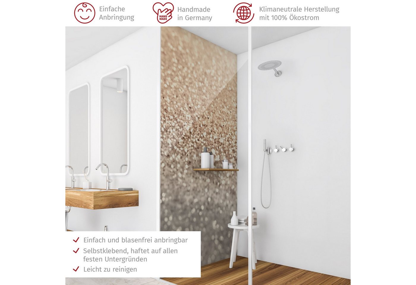 Thumbnail - Bilderdepot24 Badrückwand Muster gold Duschrückwand ohne Bohren Dusche Fliesenersatz, (1-tlg., Hart-Folie Premium matt 0...
