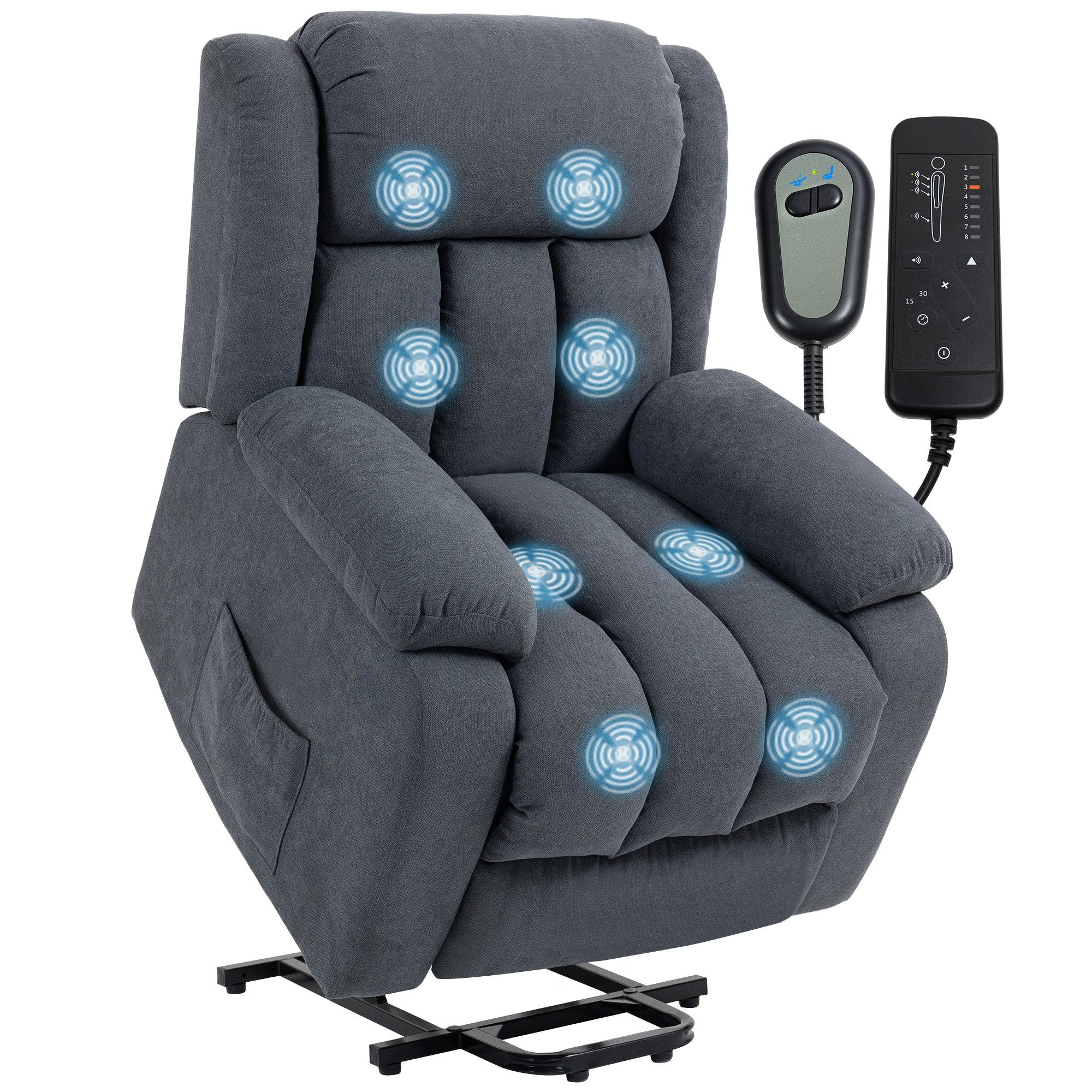 HOMCOM Relaxsessel Massagesessel TV-Sessel mit Liegefunktion, Massagefunktion (Fernsehsessel mit Aufstehhilfe, 1-St., Elektrisch Relaxsessel), mit Fernbedienung, Seitentasche, Fußteil, Leinenoptik, Dunkelgrau
