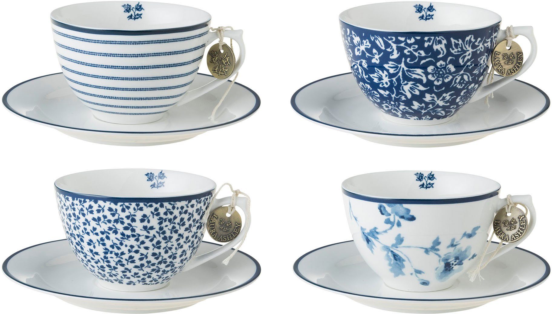 LAURA ASHLEY BLUEPRINT COLLECTABLES Cappuccinotasse Mix Designs China Rose, Sweet Allysum, Floris, Candy Stripe, Porzellan, 4 Tassen, 4 Untertassen