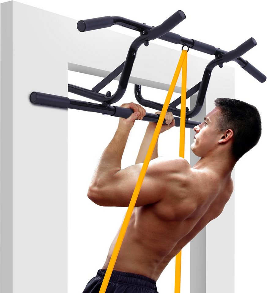 AthleticPro Klimmzugstange für den Türrahmen 60 bis 90cm - bis 140KG, ohne Bohren, inkl. Band, Türschonend, Gummigriffe, legierter Stahl