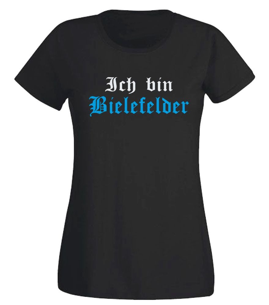 G-graphics T-Shirt Ich bin Bielefelder – ein Leben lang mit Rückendruck Slim-fit Damen T-Shirt mit einem Motiv für den echten Fan