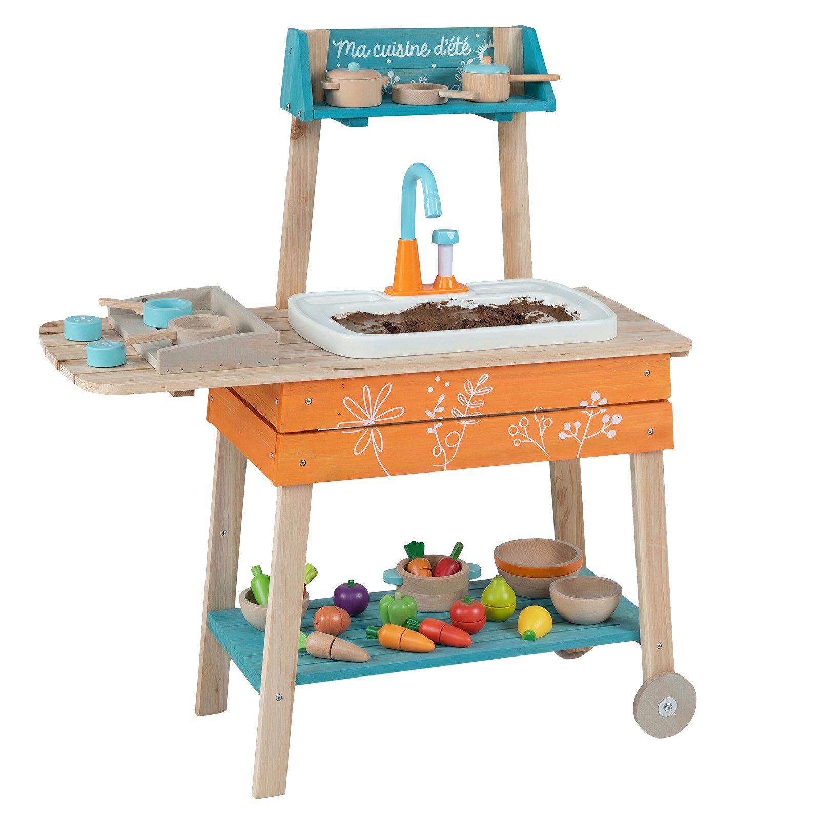 COSTWAY Outdoor-Spielküche Holz, Spielküche mit abnehmbarem Waschbecken & Grillrost