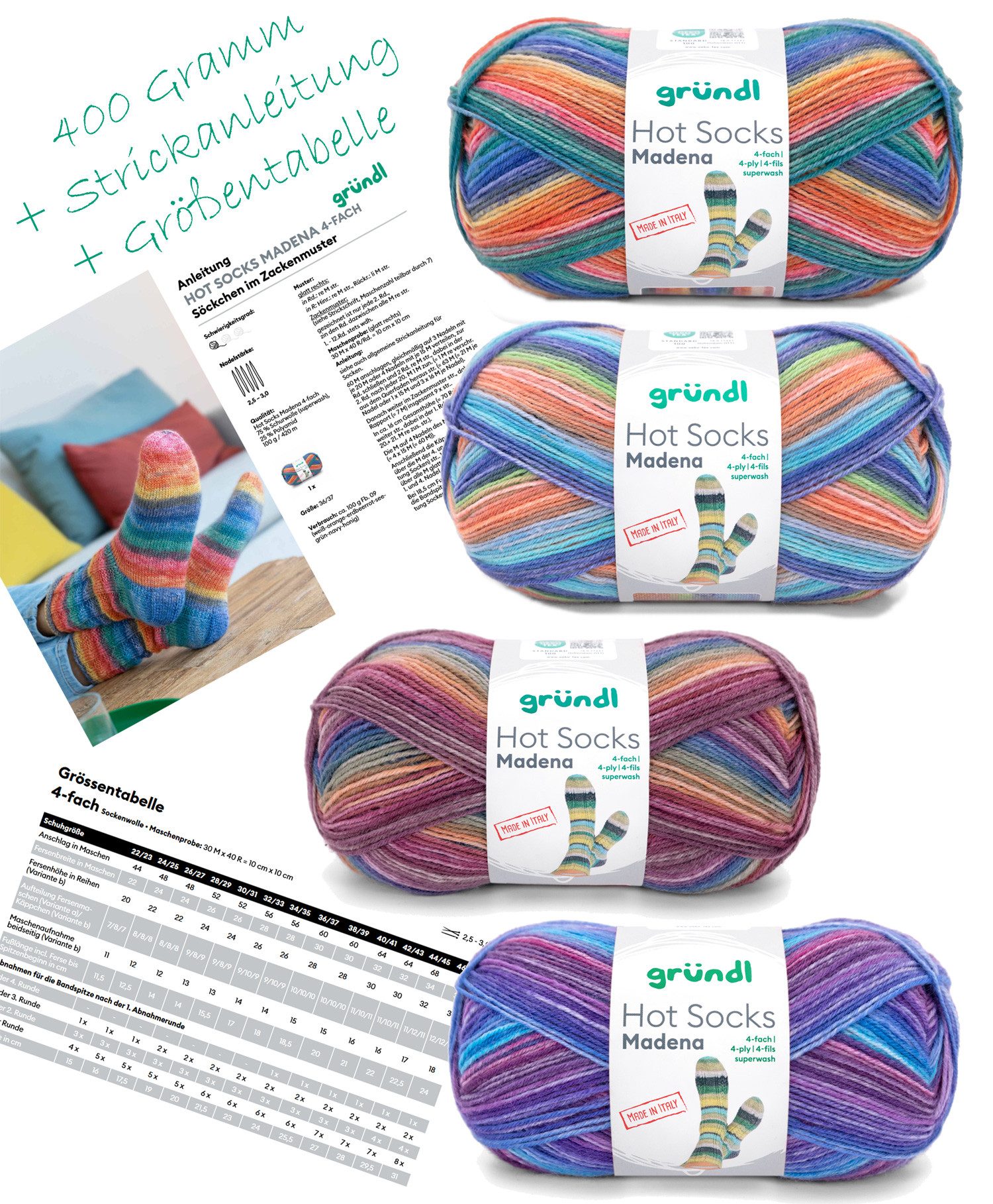 Gründl Sockenwolle Hot Socks Madena 4 x 100 g Paket Wolle zum Socken stricken Häkelwolle, (Sockenwolle 4fach, mit Farbverlauf), 75% Schurwolle, 25% Polyamid