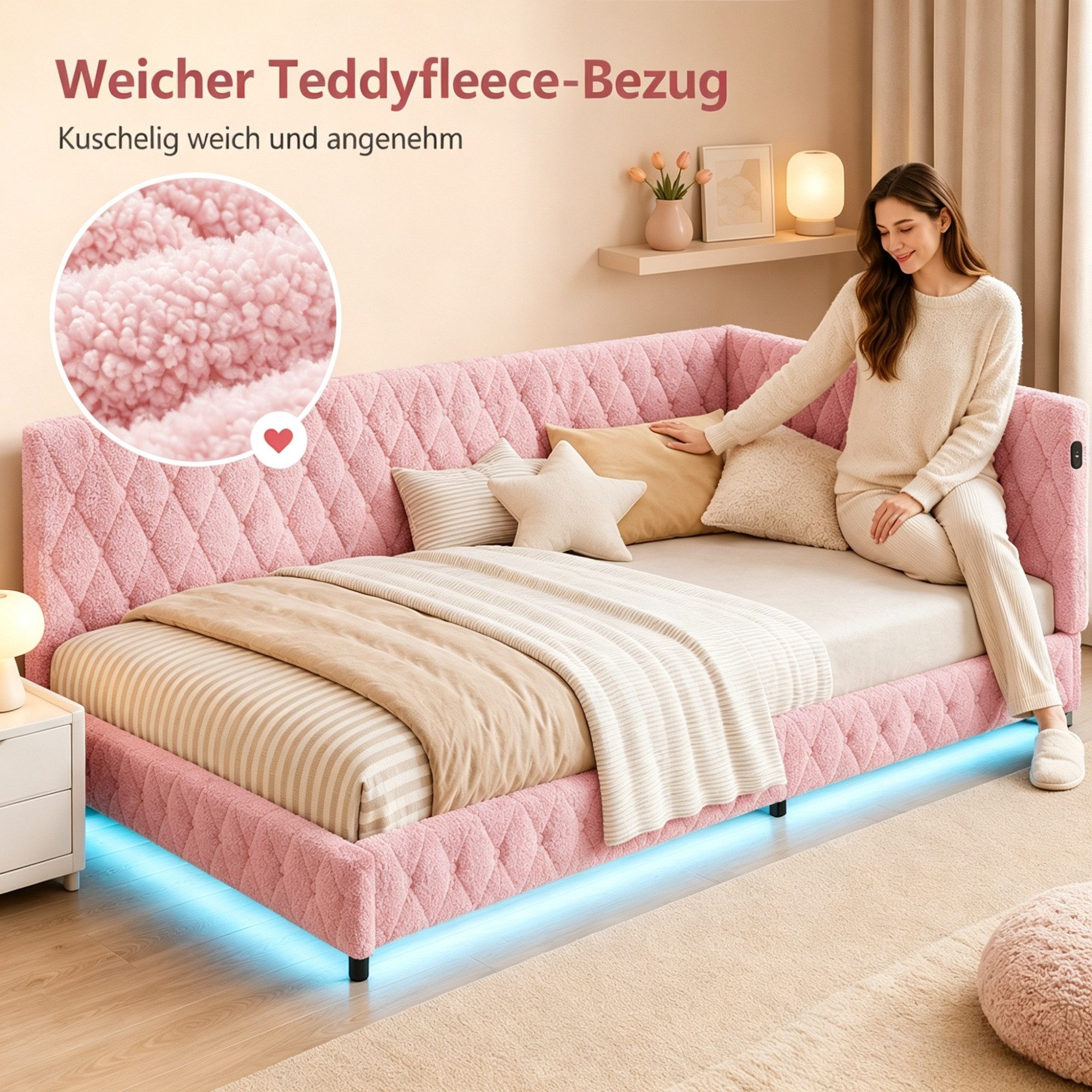 Simurq Polsterbett Daybett mit LED-Beleuchtung & USB, Tagesbett Jugendbett (Packung, 1-tlg., Teddysamt, in 2 Größen verfügbar), Schlafsofa Sofabett Doppelbett – Bild 4 von 5