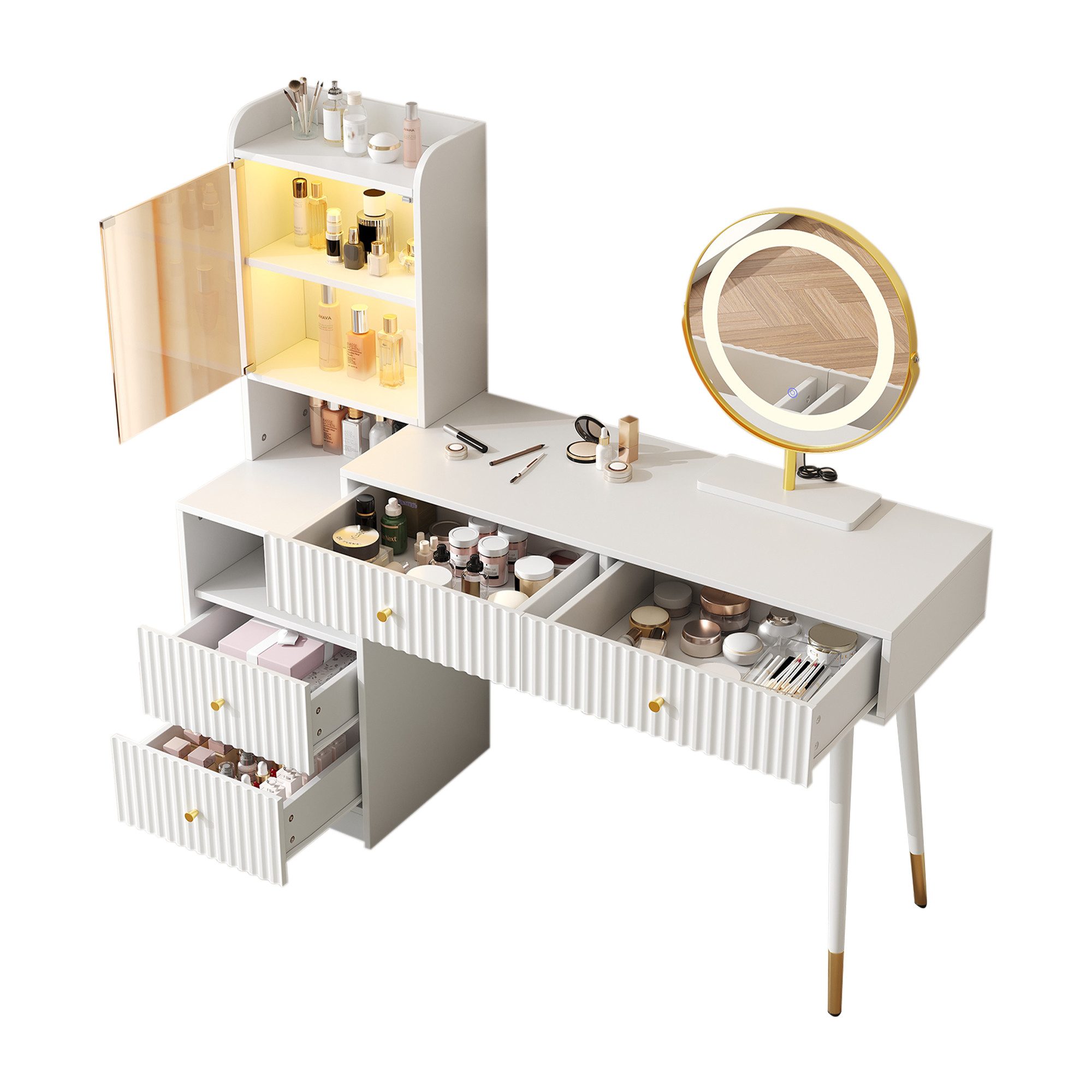 Ulife Schminktisch mit dreifarbigem LED-Spiegel, vier Schubladen,1 offenen Staufach (1-St), 1 beleuchteten Schrank mit Glastür, weiß,100 x 40 x 125 cm,ohne Hocker