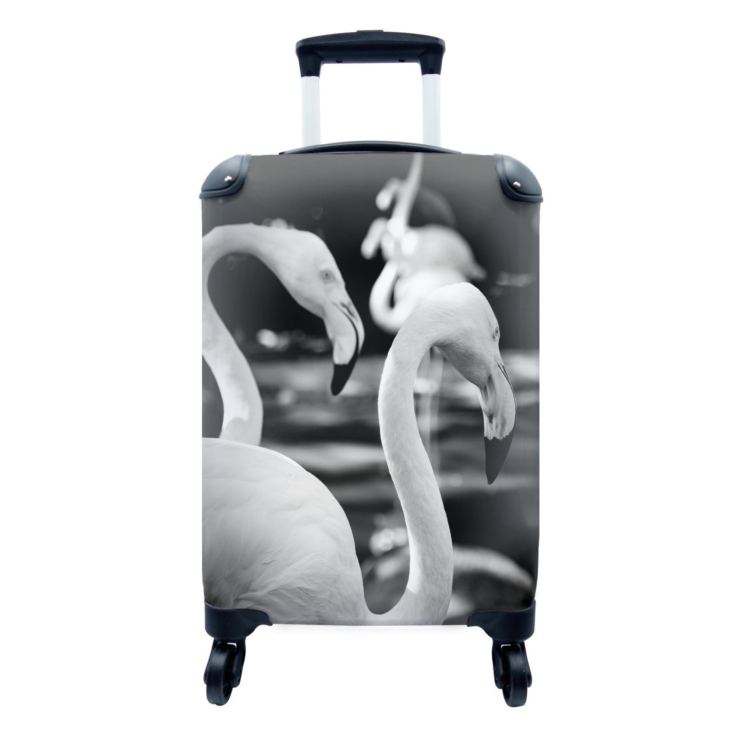 Handgepäck Handgepäckkoffer schwarz-weiß, von mit in Flamingos Rollen, Trolley, für Ferien, Reisetasche Reisekoffer 4 Nahaufnahme rollen, MuchoWow