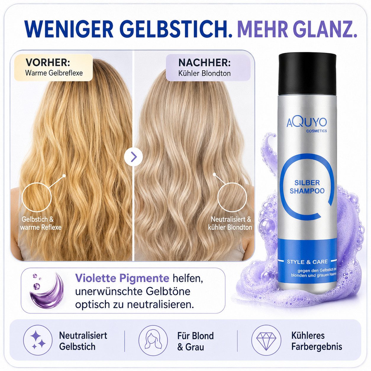AQUYO Cosmetics Silbershampoo Silber Shampoo, Anti Gelbstich Shampoo für graues oder blondes Haar