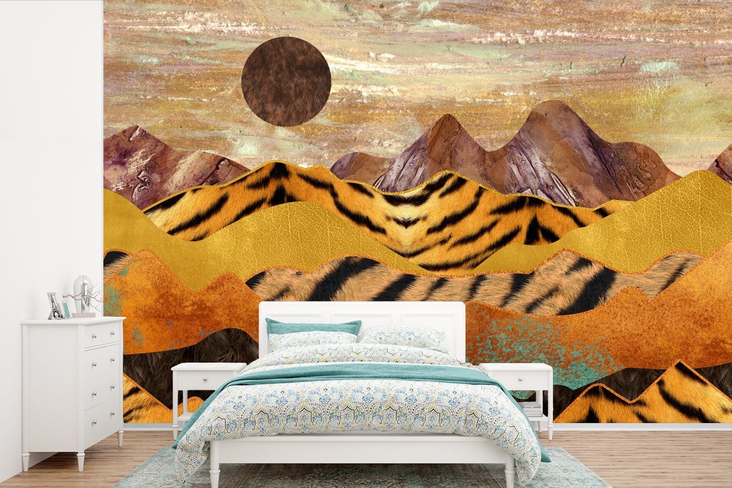 Wohnzimmer, - MuchoWow Matt, (6 Tapete - Wallpaper St), Tigerdruck Gold, Schlafzimmer, Vinyl für Marmor bedruckt, Fototapete Kinderzimmer,