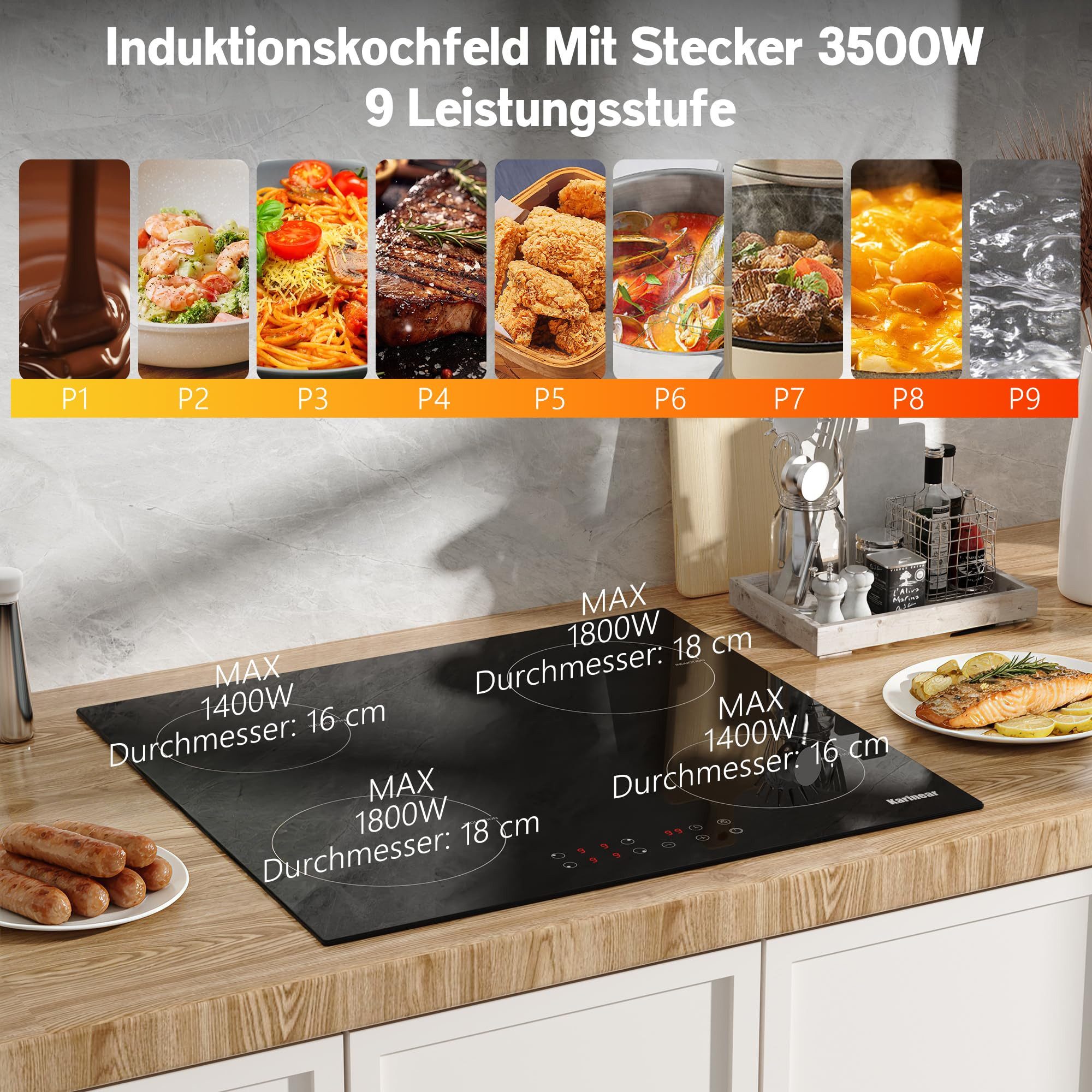 Karinear Induktions-Kochfeld Induktionskochfeld 60 cm 4 Platten, Einbau Kochfeld Induktion mit Stecker, 3500W 220-240V – Bild 4 von 5
