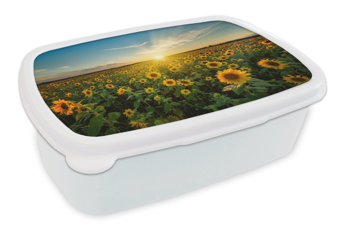 MuchoWow Lunchbox Sonnenuntergang - Blumen - Sonnenblume - Horizont - Landschaft, Kunststoff, (2-tlg), Brotbox für Kinder und Erwachsene, Brotdose, für Jungs und Mädchen weiß