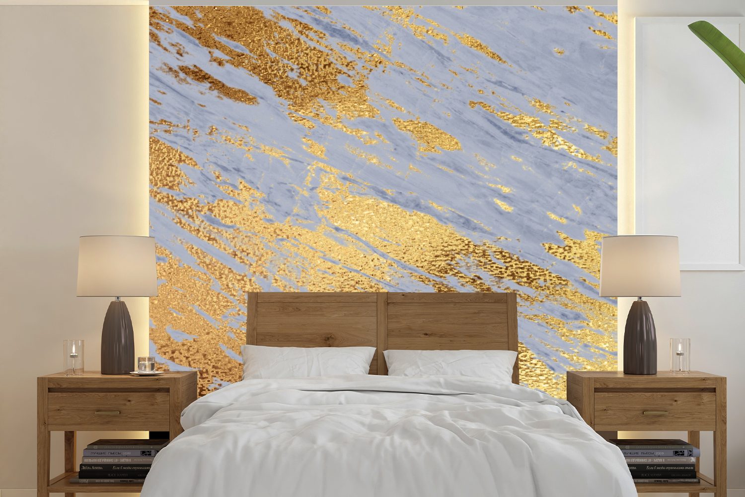 für Wohnzimmer - St), Fototapete Marmor (5 - Schlafzimmer, bedruckt, - Tapete Wandtapete Blau, Matt, Gold MuchoWow oder Vinyl Muster