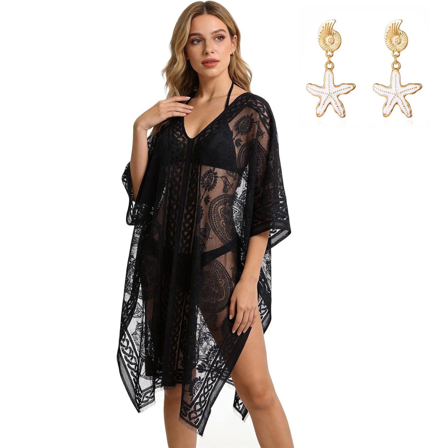 MOPUEA Kimono Damen Strandkleid Bikini-Überwurf Strandponcho, 96cm, Ohne Verschluss, Lockerer Schnitt Mit Seitenschlitz