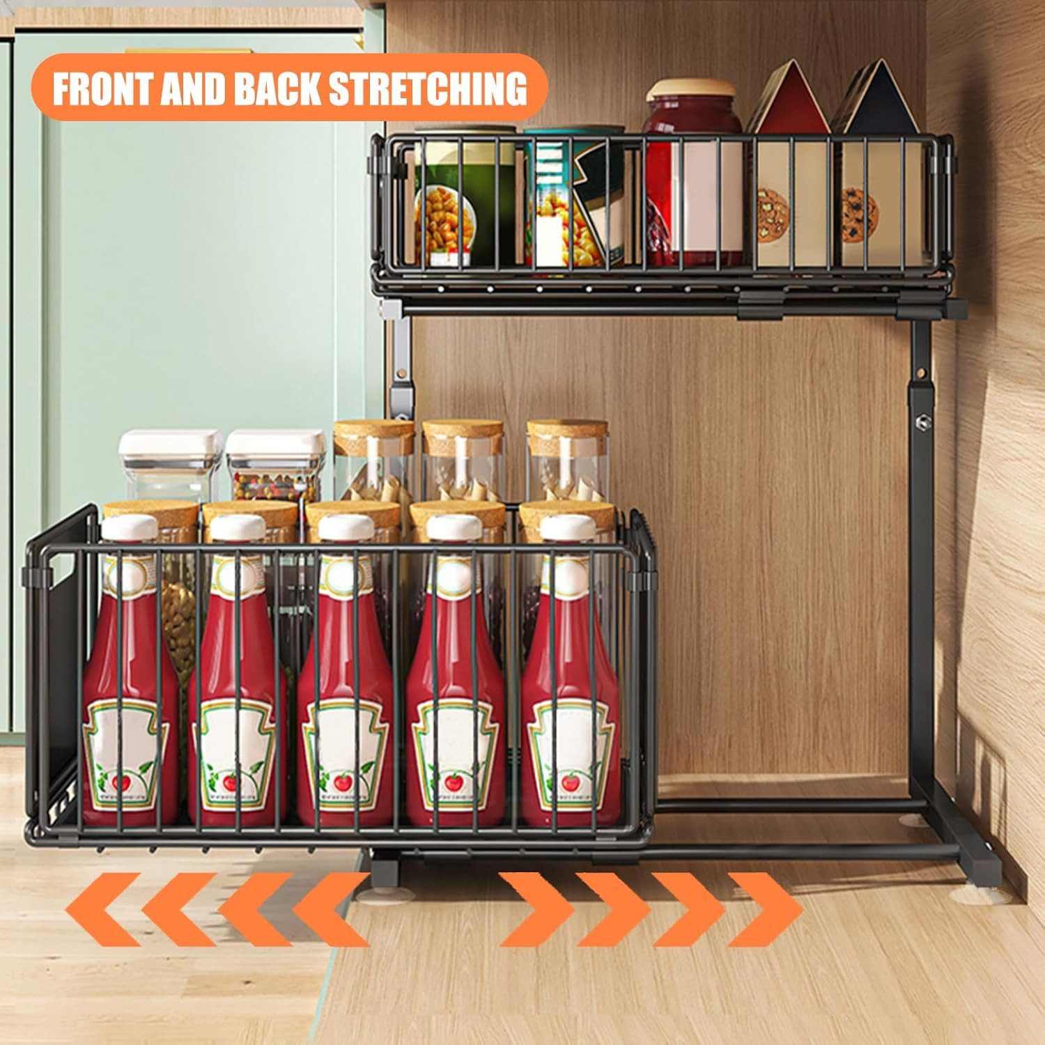BlingBin Küchenorganizer-Set 2 Etagen Küchenregal, Ausziehbarer Spülschrank Organizer, Gewürzregal, (1er Set, 1-tlg., Produktabmessungen: ‎26,5 x 38 x 41-48,5 cm), Höhenverstellbar Teleskopschublade, Stahl-Aufbewahrungsregal für Küche