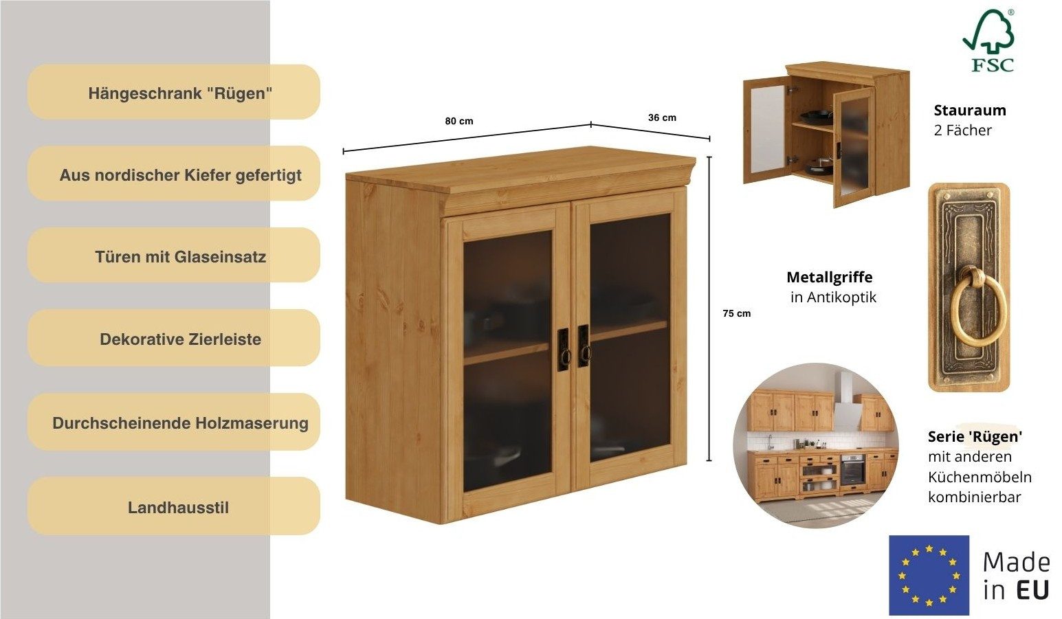OTTO home Hängeschrank Rügen Breite 80 cm, FSC® zertifiziertes Massivholz, Türen mit Glaseinsatz