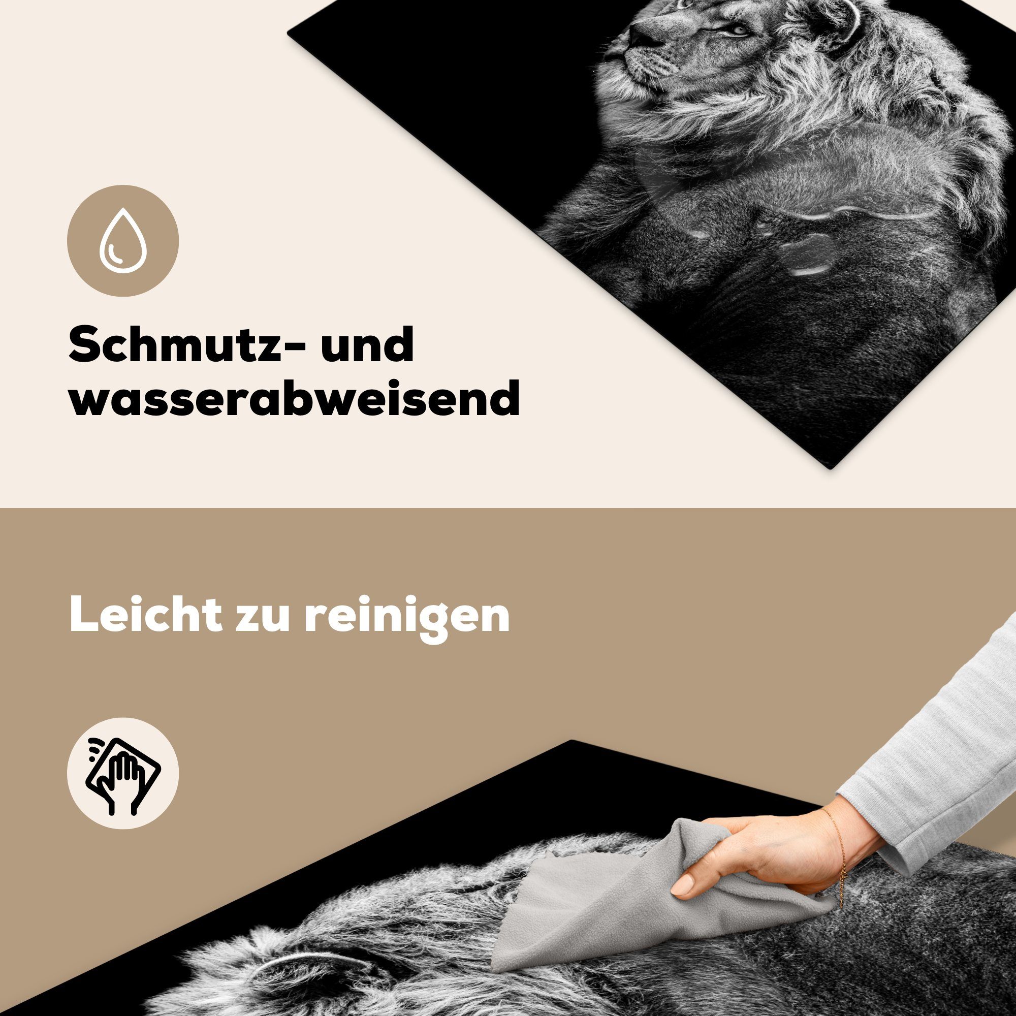 - Herdblende-/Abdeckplatte MuchoWow Ceranfeldabdeckung, Wildtiere tlg), Weiß, cm, - Arbeitsplatte für Vinyl, (1 - Porträt Schwarz - küche Löwe 81x52