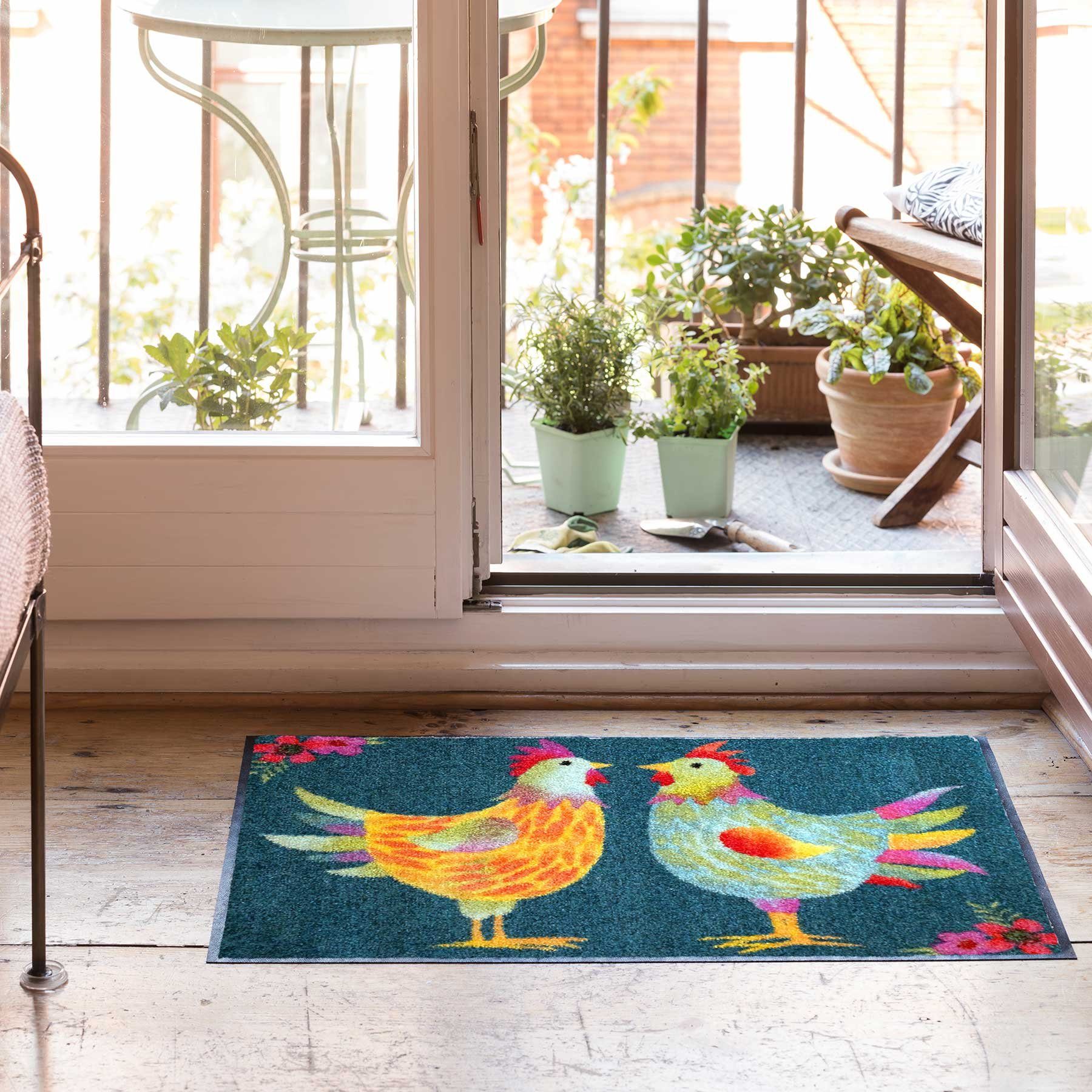 Salonloewe Fußmatte Fußmatte 50x75 Rainbow Chicken petrol grün, Eingangsmatte normal, Höhe: 500 mm