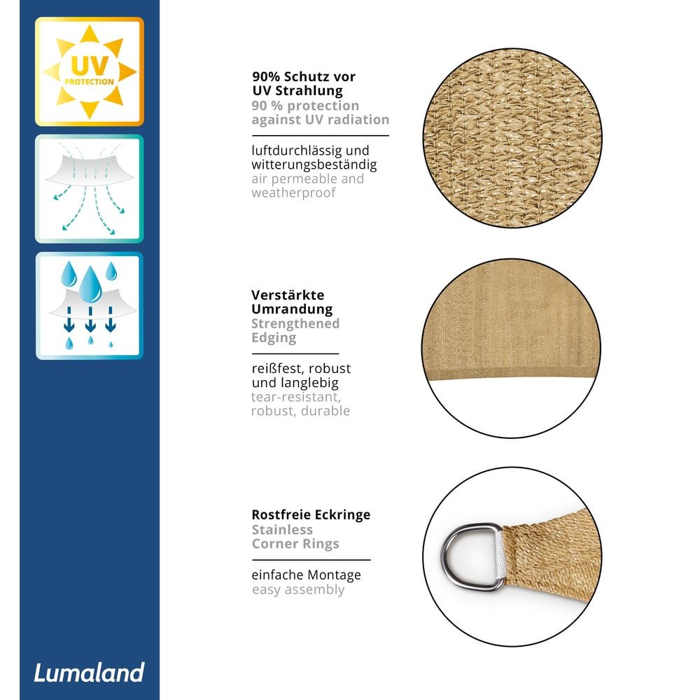 Lumaland Square Sun Shade Sail 3x3 Meters Cream, Weatherproof, 100% HDPE with Stabilizer for UV Protection