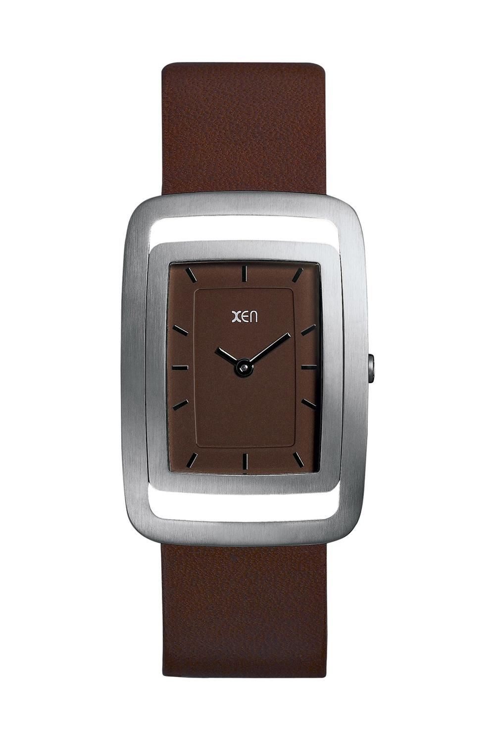 XEN Quarzuhr Damen Edelstahl Lederband Braun Rechteck 5 Bar XQ0127 XQ0127, Gehäuseboden mit 4 Schrauben verschraubt